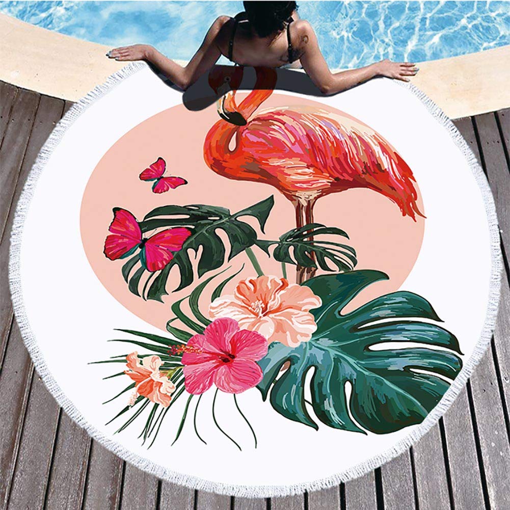 BOYOUTH Round Beach Towel,Red Sun,Flamingos,Butterflies,Flowers and Tropical Leaves Pattern Printing Beach Mat with Tassels Ultra Soft Super Water Absorbent Multi-Purpose Towel,59 inch-Diameter