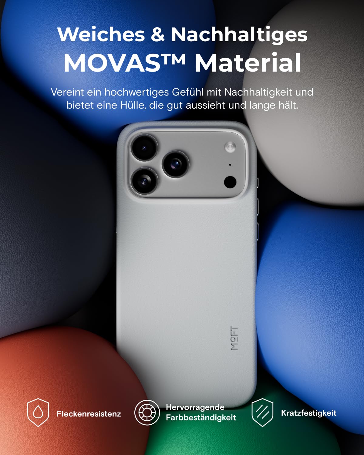 MOFT für iPhone 17 Pro Hülle, MOVAS Vegane Ledertasche Magnetische Hülle, Weicher Anschlag, Farberhaltung, Fleckenresistent, Leicht zu Reinigen, Neblige Bucht