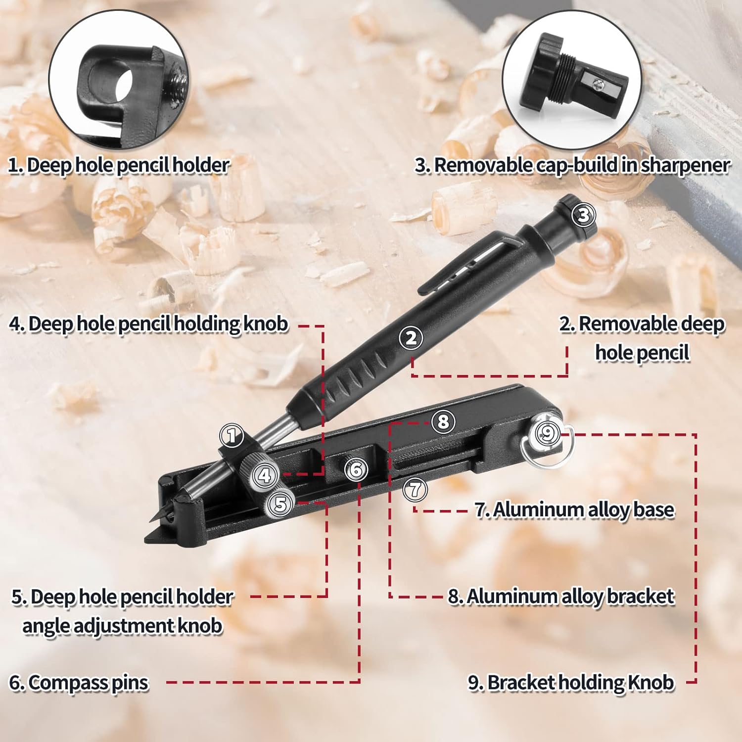 Scribing Tool, Multi-function Scribing tool, Construction Carpenter Pencil, Aluminum Alloy Scriber Marking Tool with Deep Hole Pencil, DIY Woodworking Scriber Contour Gauge Scriber Line Measuring Tool