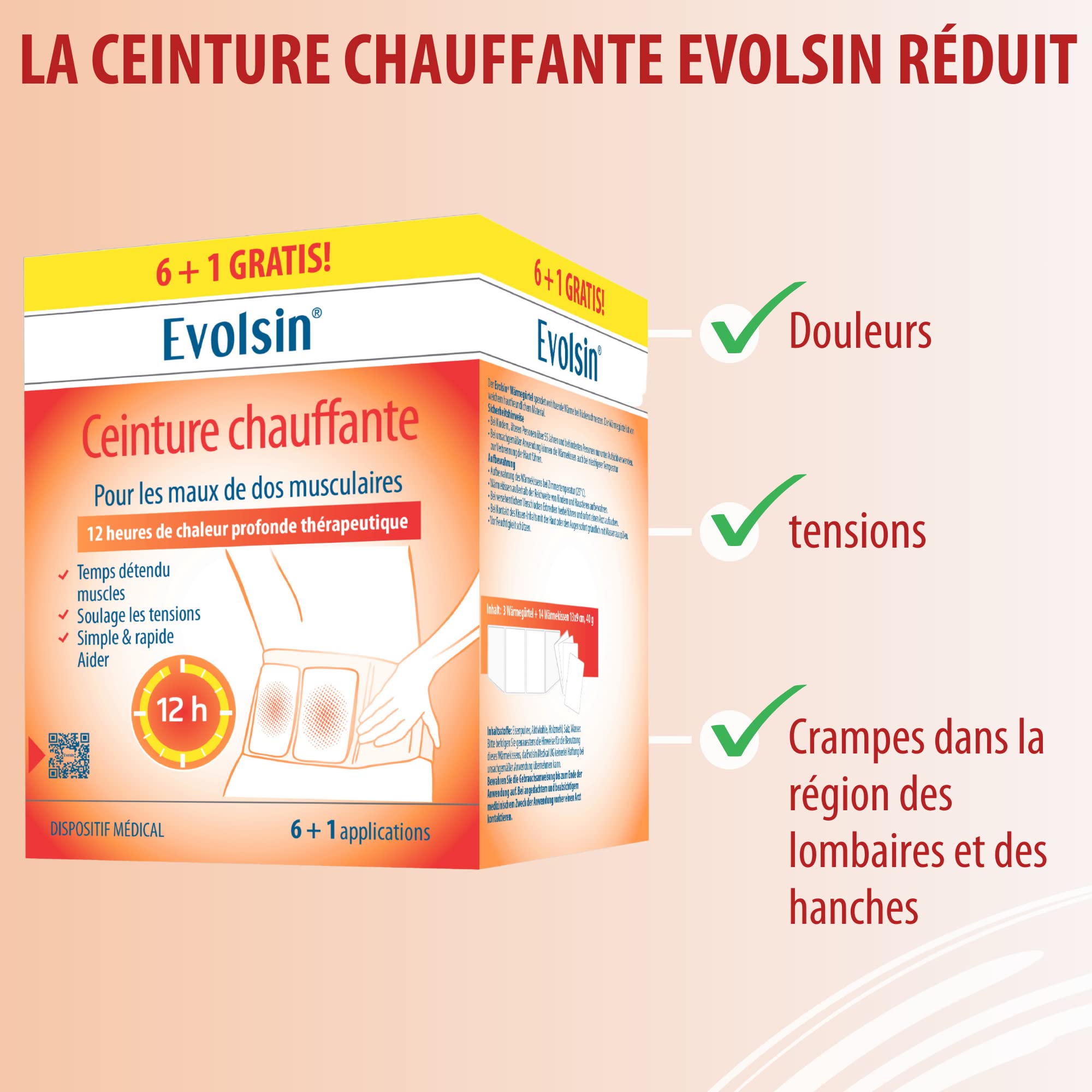 Evolsin - Ceinture chauffante médicale pour le traitement des douleurs musculaires du dos - 12h de chaleur thérapeutique profonde pour détendre et relâcher les muscles (6 + 1 applications)