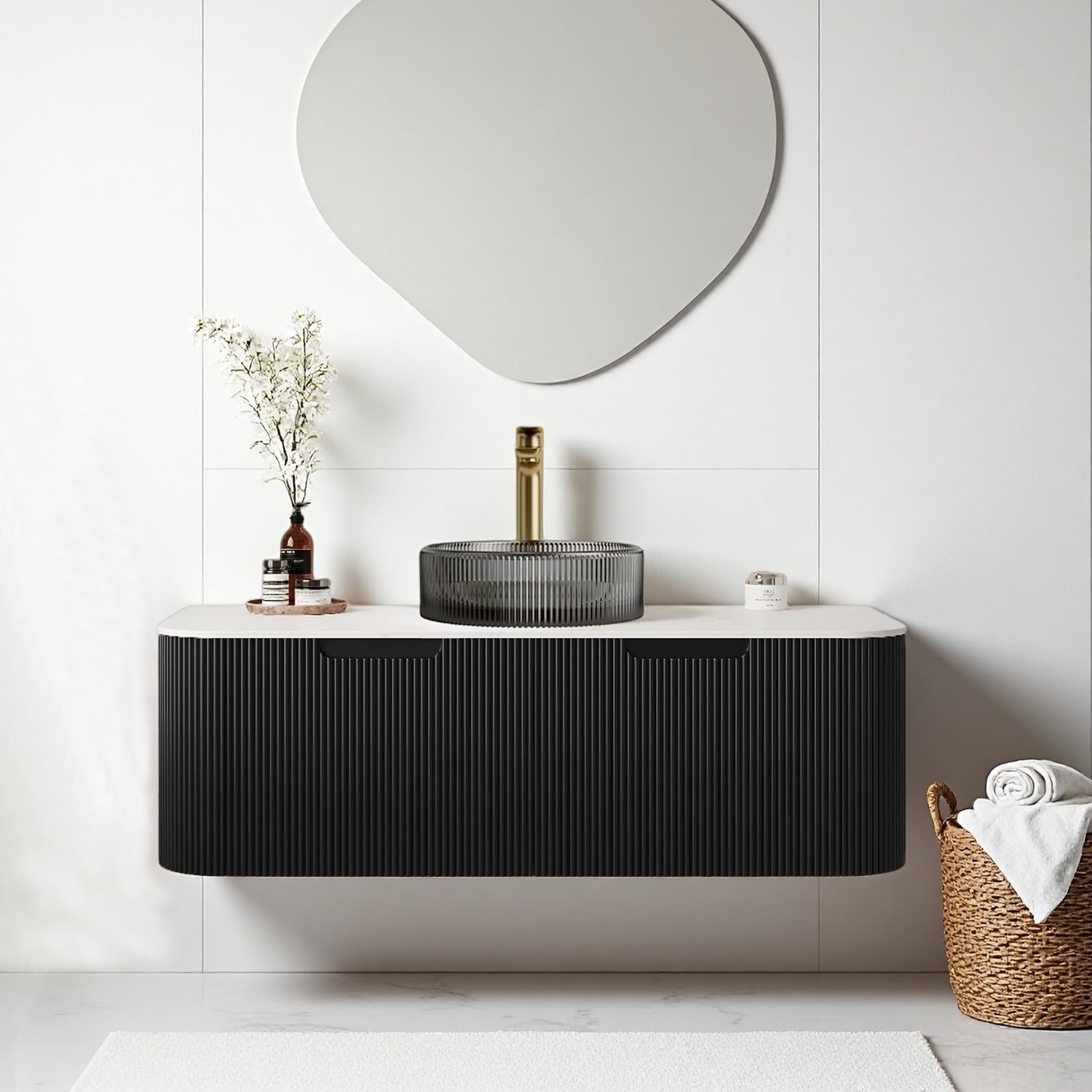 48" Floating Bathroom Vanity with Sink, Plywood Bathroom Cabinet with Round Crystal Glass Basin and Ultra-Thin Marble Top, 2 Large Soft-Closing Storage Drawers, Pre-Assembled, Gloss Black