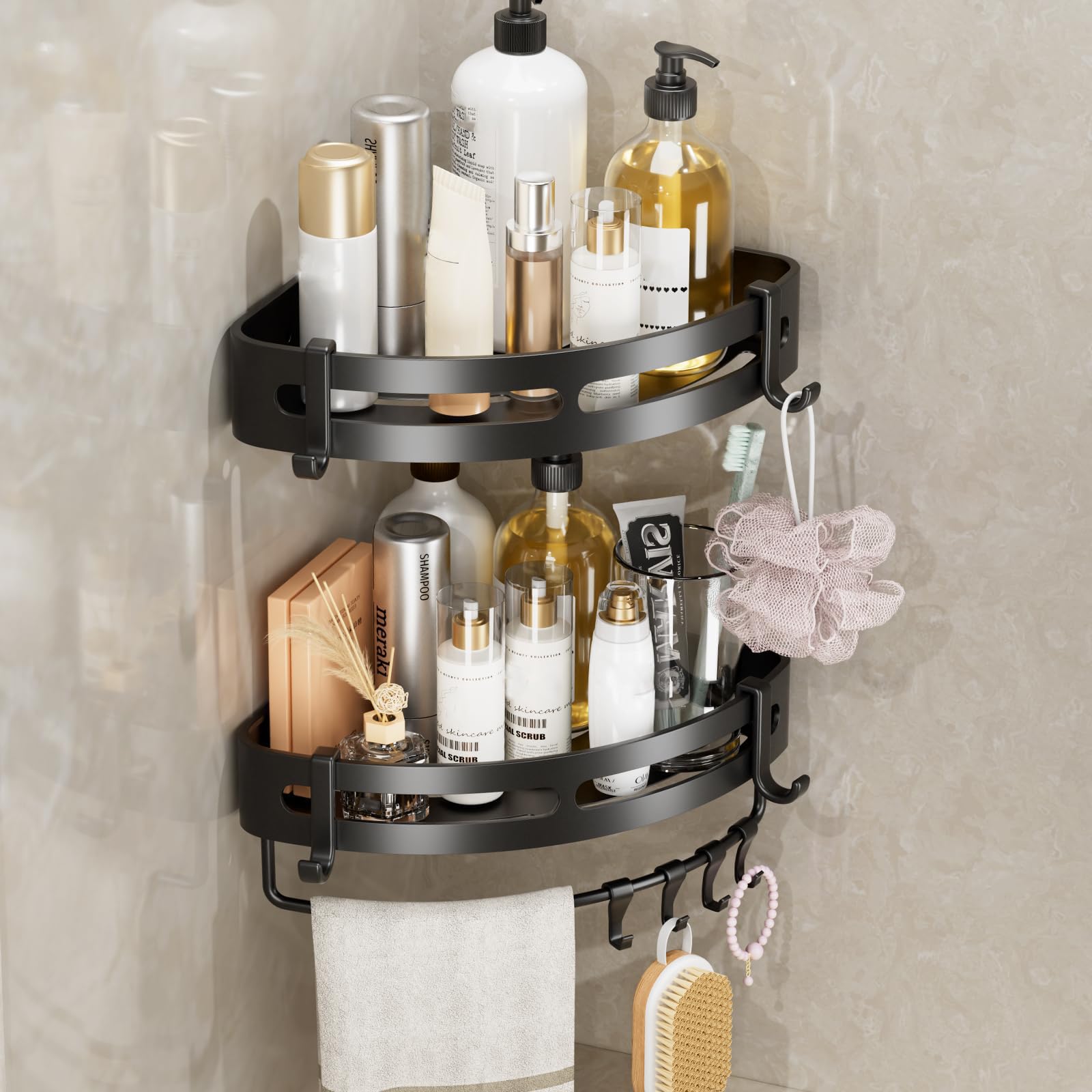 Geobella Adhesive Shower Corner Caddy 2-Pack Heavy Duty Shower Corner Shelves Rack with 8 Hooks and 1 Towel