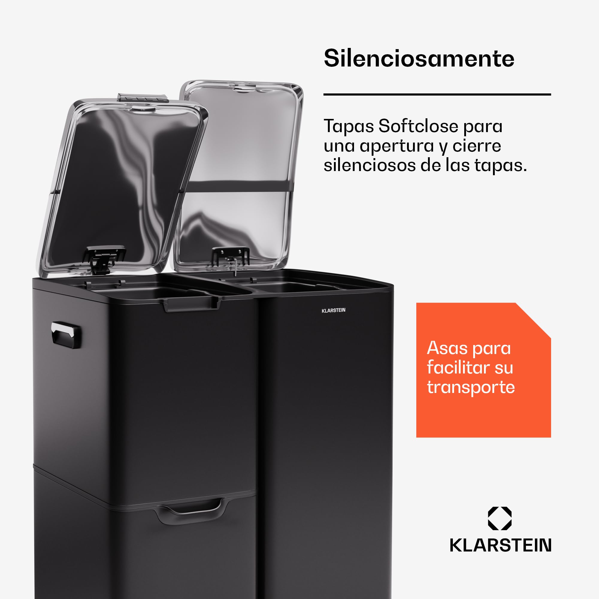 KLARSTEIN Tiyo 3 en 1 Cubo de Basura Cocina - 60L separación de residuos con Pedal y Tapa Soft-Close, Cuerpo de Acero Inoxidable, Cubos extraíbles, Pegatinas para Reciclaje