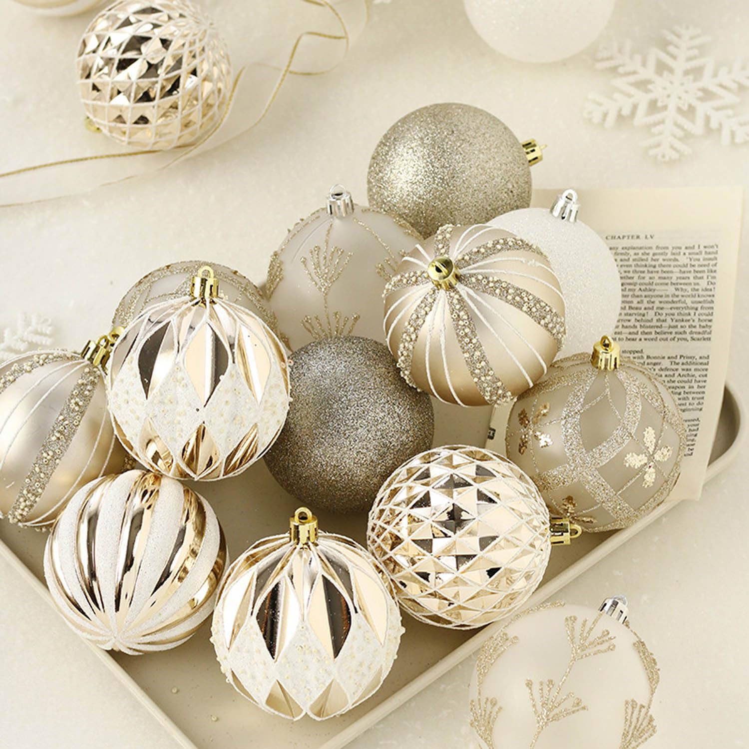 SVNVIOZ Champagne White Baubles, 16Pcs 8cm Ball Ornaments Set, Hanging Xmas Decorations Shatterproof Balls for Christmas Tree - Image 4