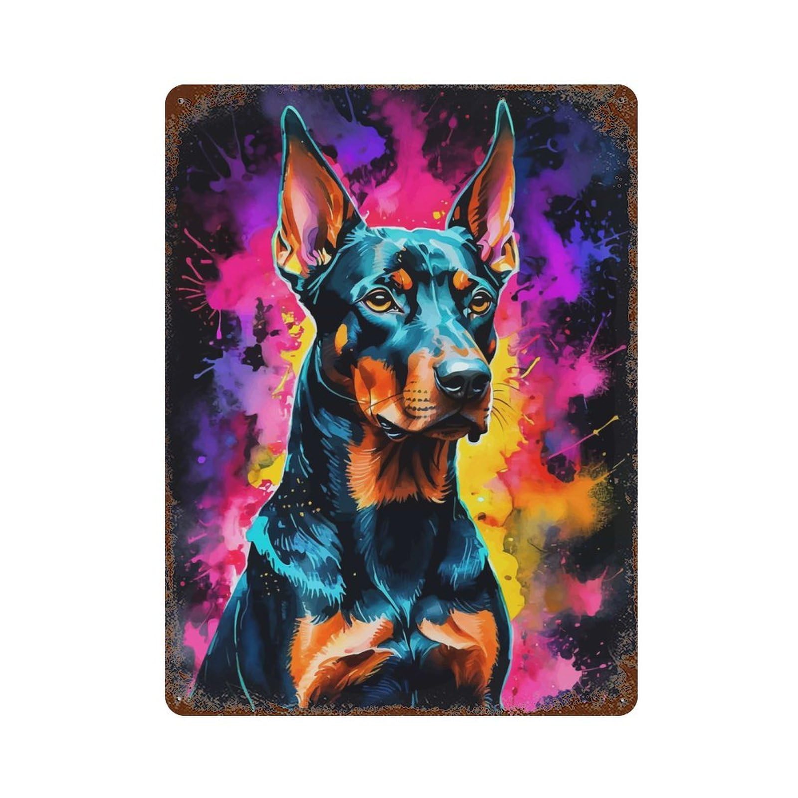 Doberman in Watercolor Neon Vintage Metal Tin Sign 15.7"x11.8", Farmhouse Wall Decor for Living Room, Hallway And Home Decor
