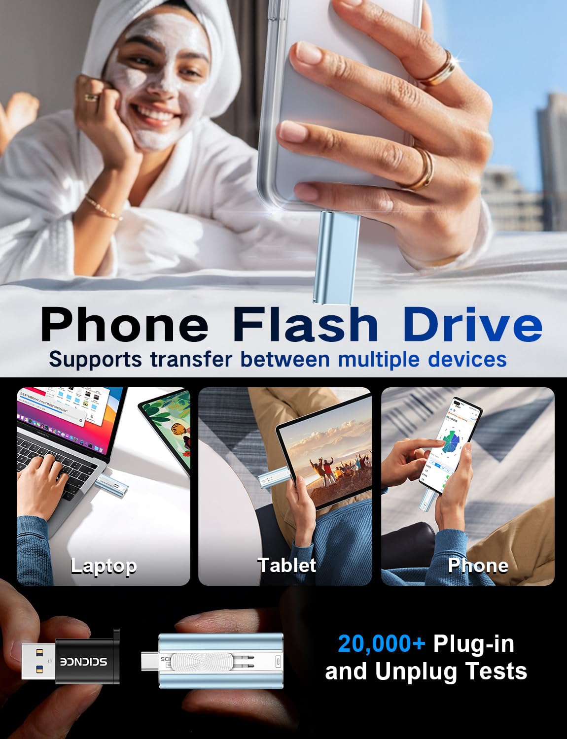 Chiavetta USB da 256 GB per telefono, memoria esterna USB di backup per foto e video, plug and play, nessuna app richiesta, compatibile con iPhone, iPad, Android e computer (blu)
