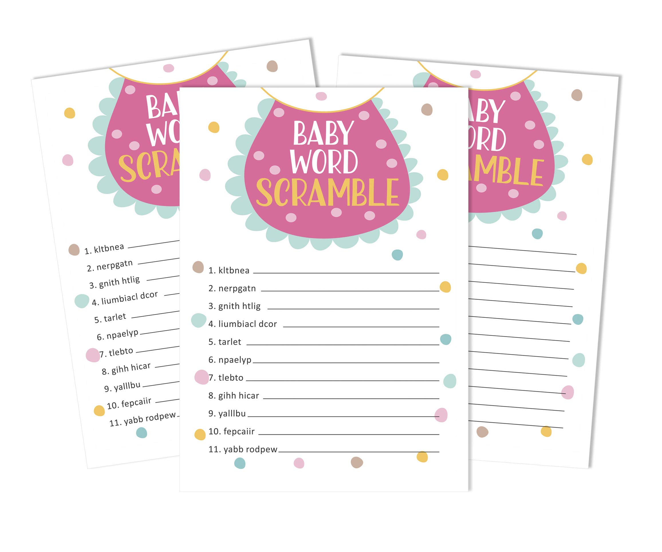 Set 50 Carte Gioco Baby Shower Neutro - Parole In Scramble Con Tema Foglie E Animali, 5x7 Pollici - 3