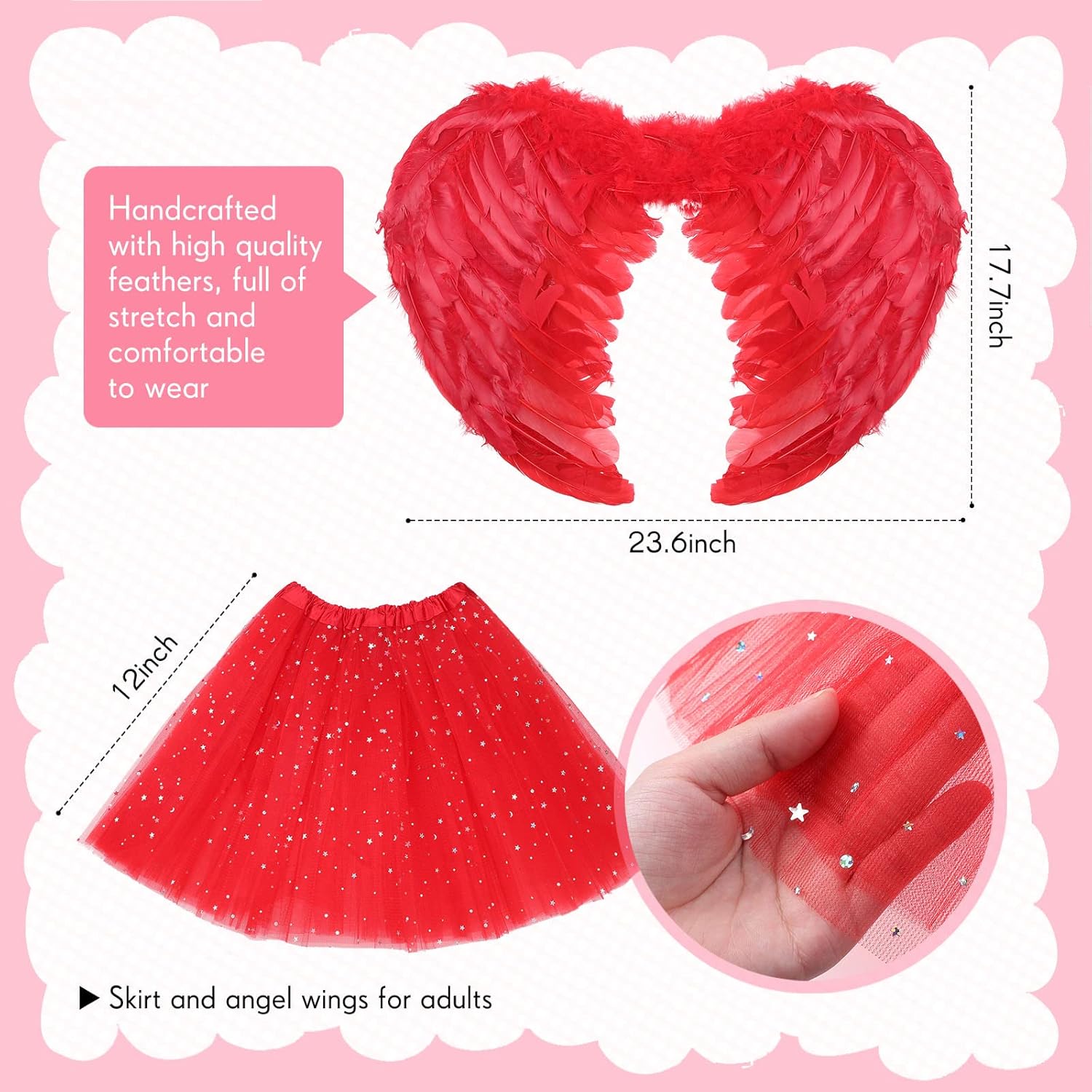 Unittype 5pcs Valentines Cupid Costume for Women Red Bow and Arrow Feather Angel Wings Heart Headwear Sunglasses Tutu Skirt - Image 2