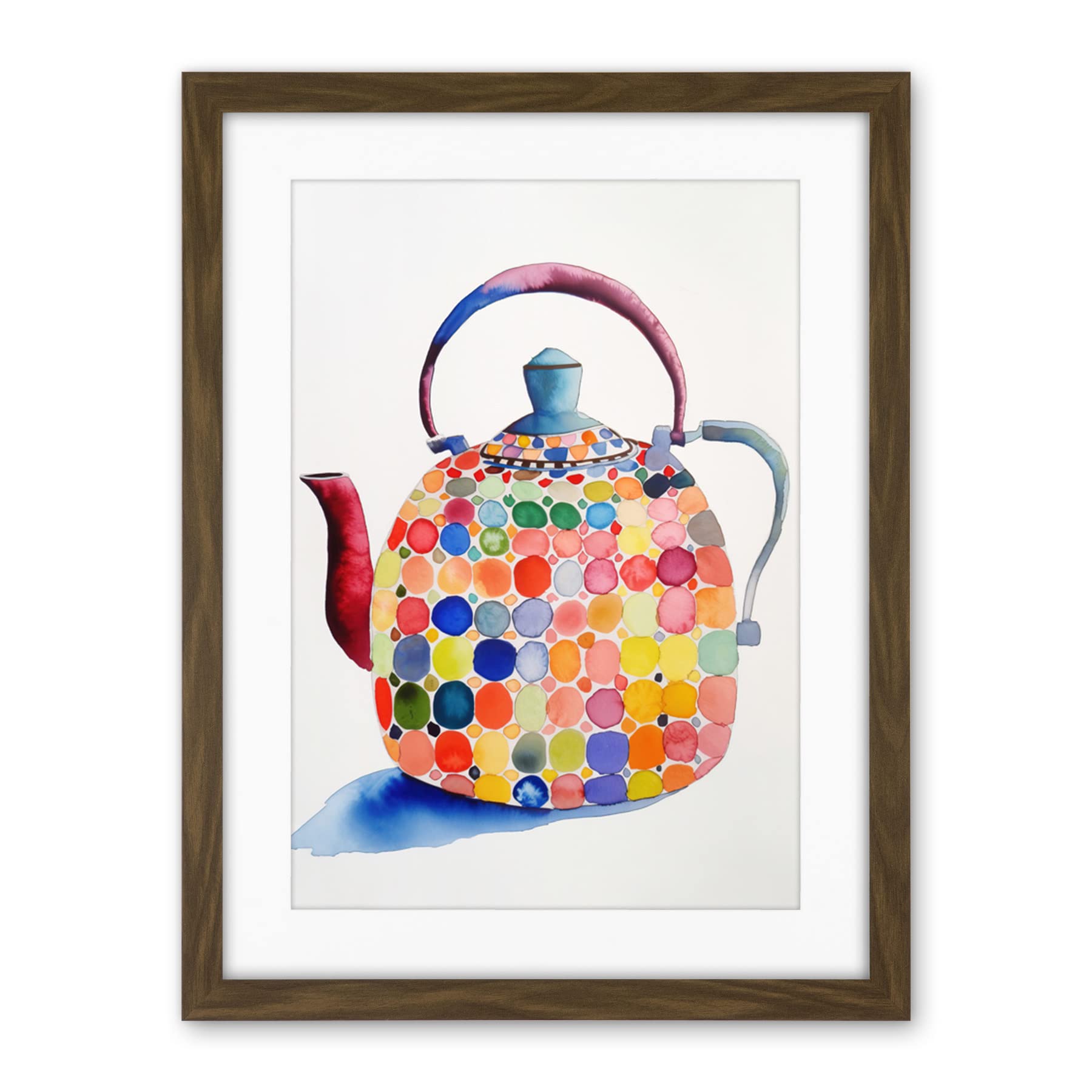 Artery8 Colourful Enamelled Teapot Tea Kettle Folk Art Watercolour Painting Artwork Framed Wall Art Print 18X24 Inch