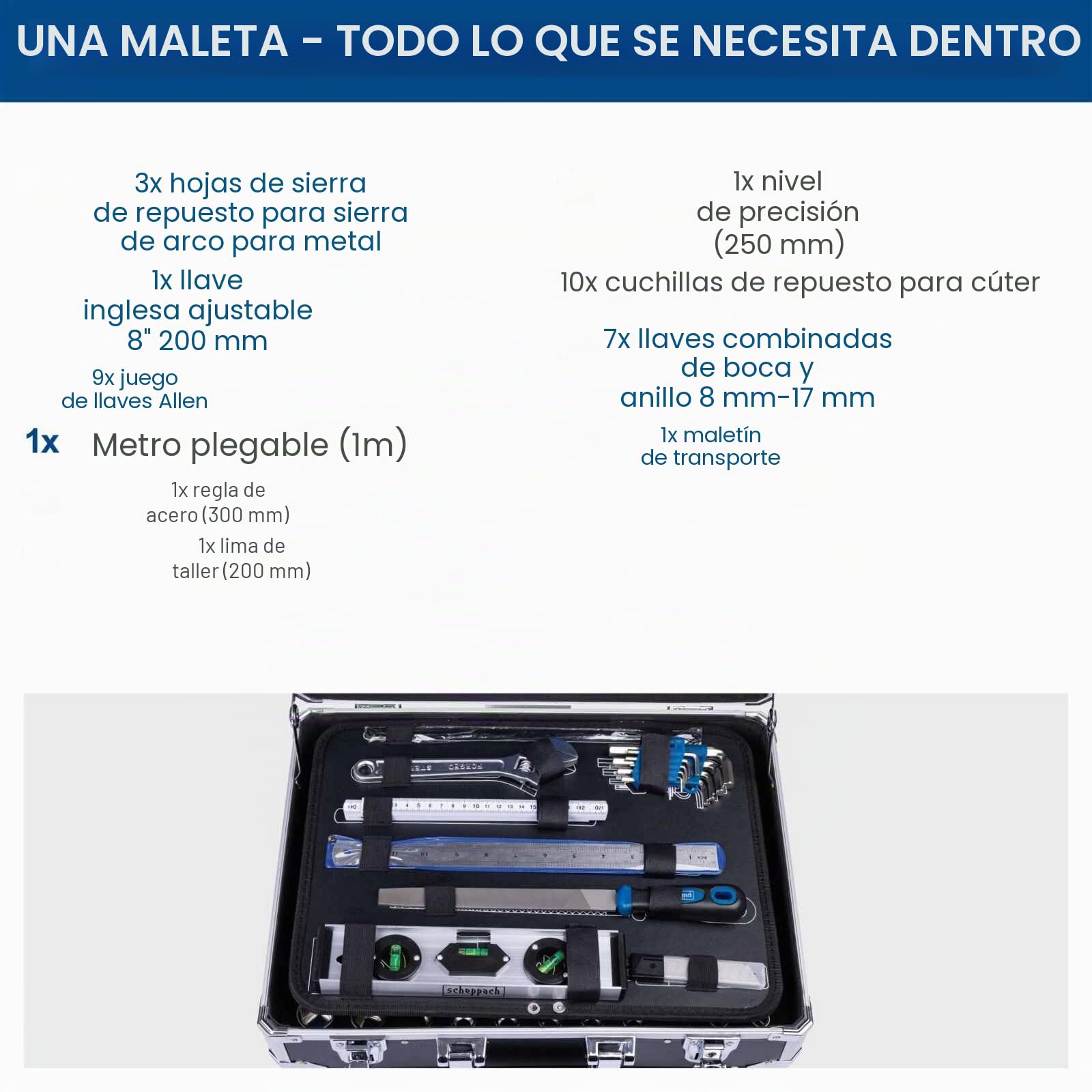 Scheppach TB200 - Maletín de herramientas de aluminio (141 piezas) | Maletín de taller con llave inglesa, martillo, alicates, destornillador, caja de herramientas para taller y hogar