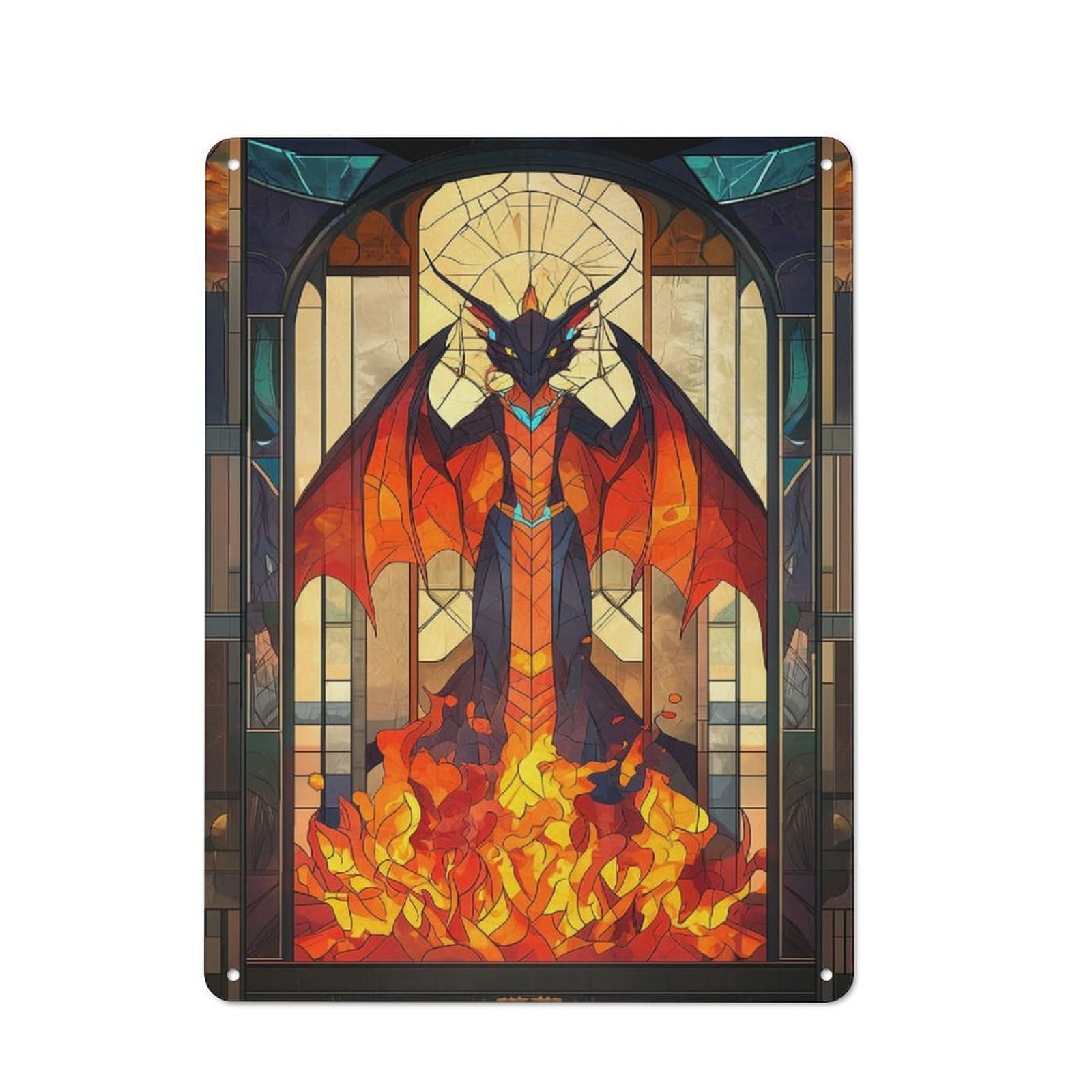 Modern Retro Metal Wall Art Sign 40x30cm Featuring Fire Dragon Stained Glass, Urban Room Decor for Workspace, Cafe, Hallway Or Garage