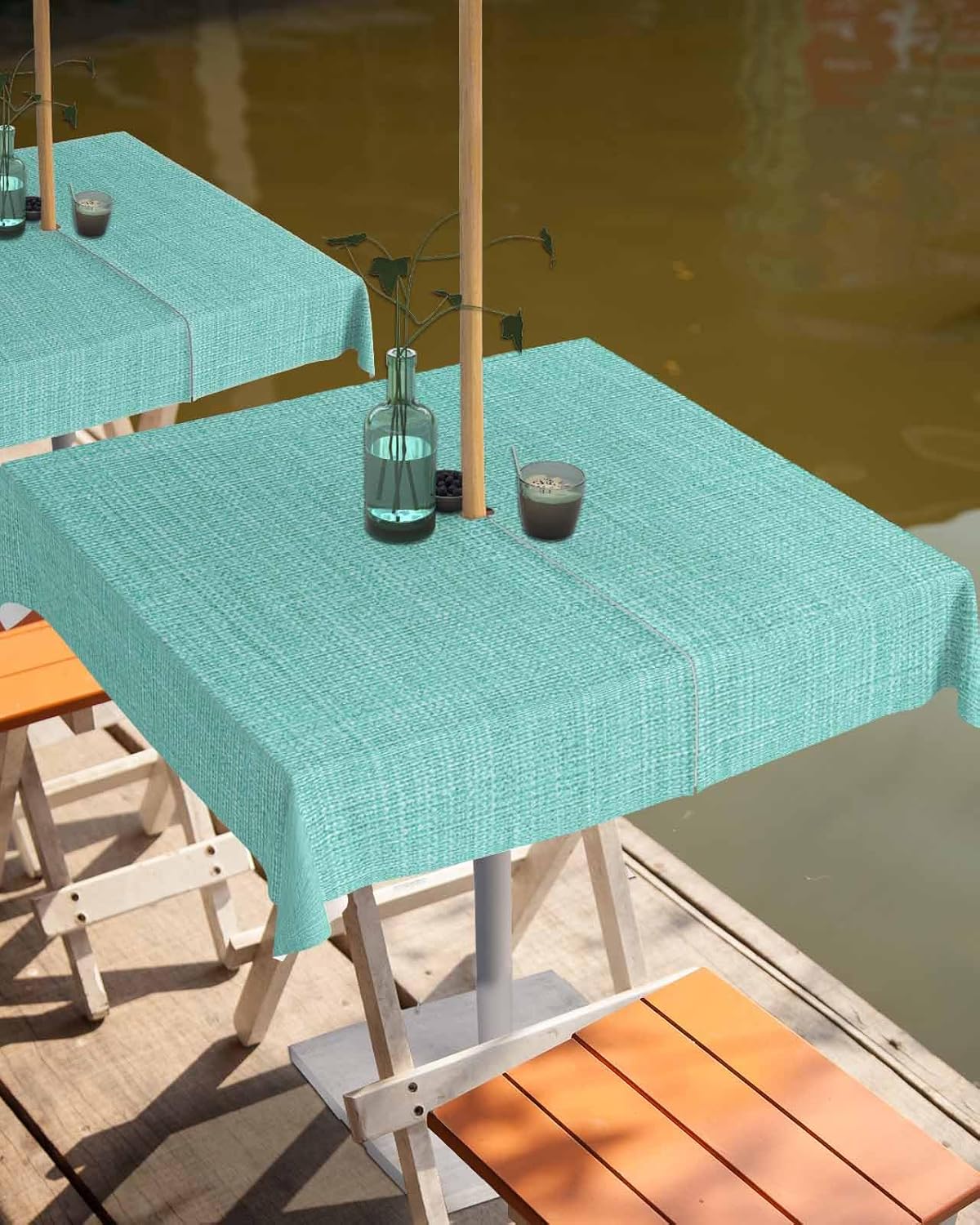 Outdoor Tablecloth with Umbrella Hole and Zipper 60" Square Teal Green Rustic Vintage Burlap Texture Water Repellant Table Cover Tabletop Collection for Party Patio Picnic