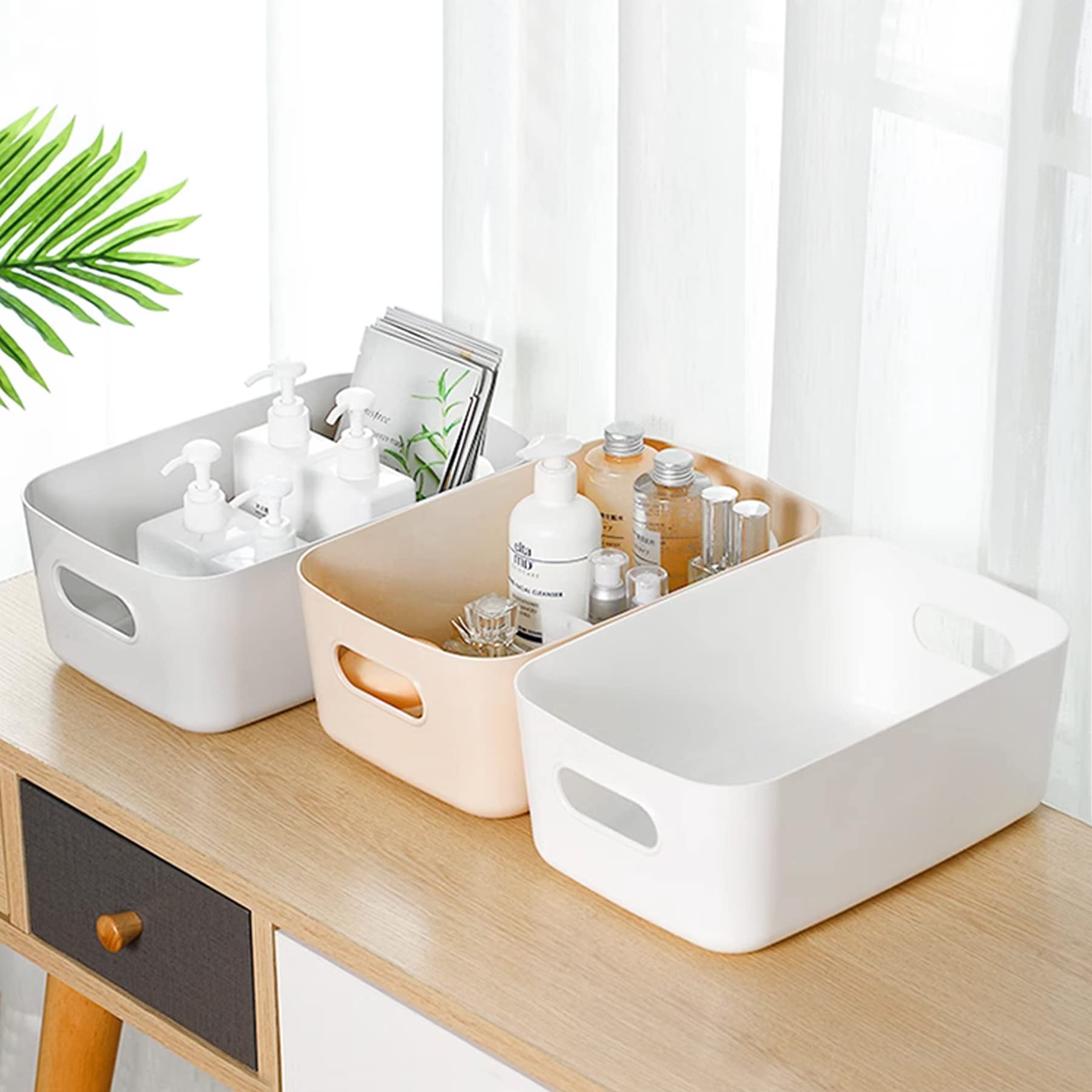 Spesh 6 cestini portaoggetti in plastica per armadietti, per cucina, bagno e mensole (blu, verde, bianco, grigio)