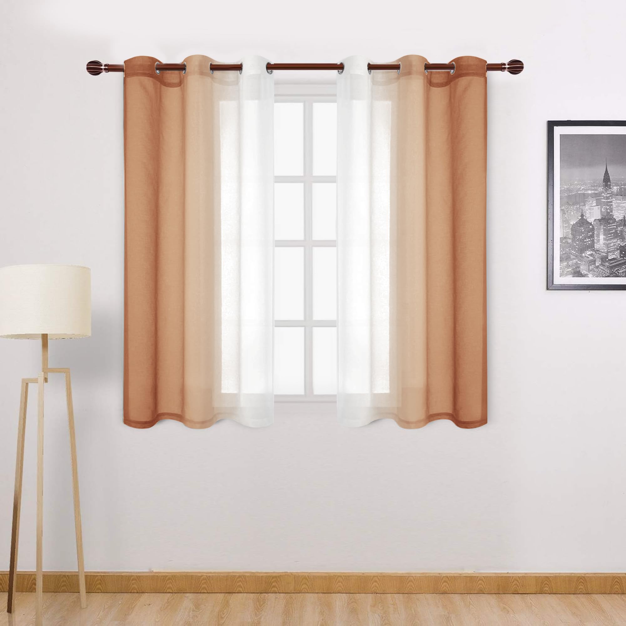 DWCN Ombre Short Sheer Curtains - Faux Linen Semi Voile Gradient Light-Filtering Bedroom and Living Room Curtains, Set of 2 Grommet Top Window Drape Panels, 42 x 45 Inch Length, Burnt Ochre โ image 1
