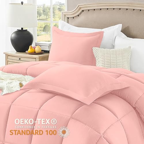 Miniatura 4 de Juego de edredón rosa tamaño matrimonial, juego de edredón de 3 piezas suave y ligero para cama matrimonial, 1 edredón rosa (82 x 92 pulgadas) con 2