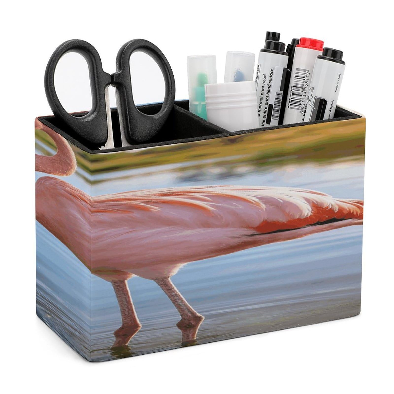 LZQPOEAS Elegant Flamingo With National Flag Pen Holder Double Compartments Pen Cup Makeup Brush Holders Leather Pencil Holder Locker Organizer for Work Locker Accessories Modern Pencil Cup for Desk
