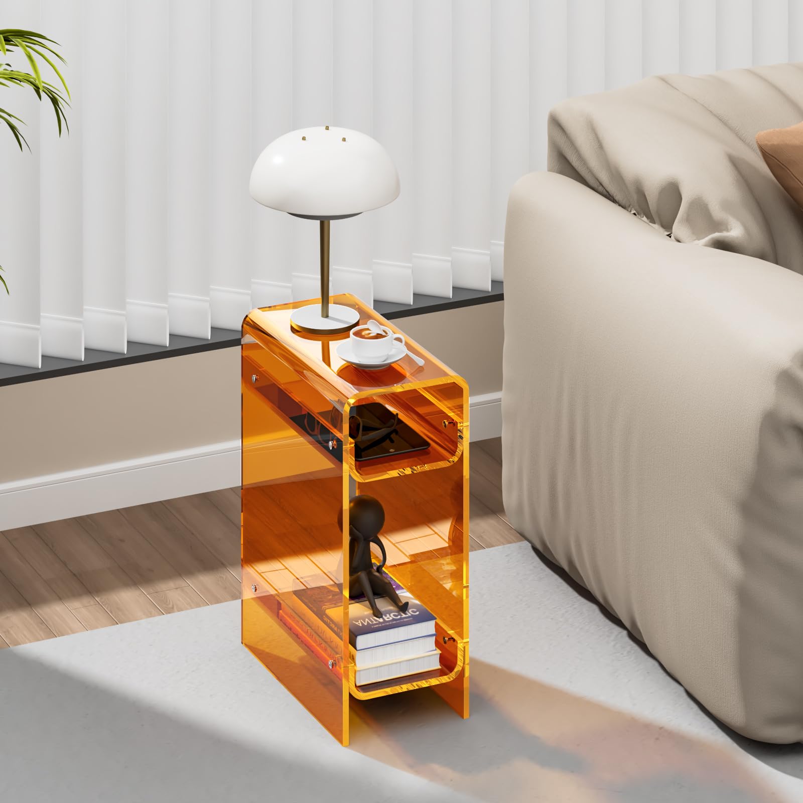 Beistelltisch aus transparentem Acryl, schmal, schmaler Beistelltisch für kleine Räume, schmaler Nachttisch, Nachttisch für Schlafzimmer, Wohnzimmer, Büro (Orange, 22×40×55cm)