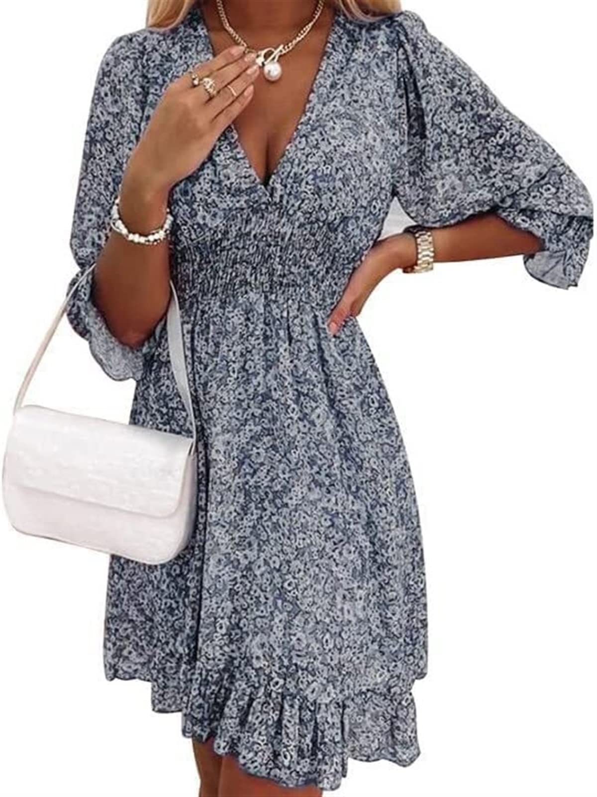 Kelvin Chen 2023 New Women's Tiny Floral Shirred Short Ruffle Mini Dress V Neck Bohemian Floral Printed Short Sleeve A- Line #02 (Color : Blue, Size : X-Large)