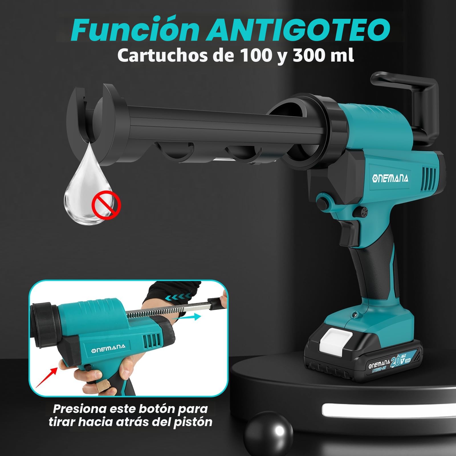 Pistola de Cartuchos con Batería, ONEMANA Pistola de Silicona de 6 Velocidades 6500N 300ml/10Oz, Herramienta de Calafateo con Batería de 2.0Ah y Cargador, Compatible con Batería Makita