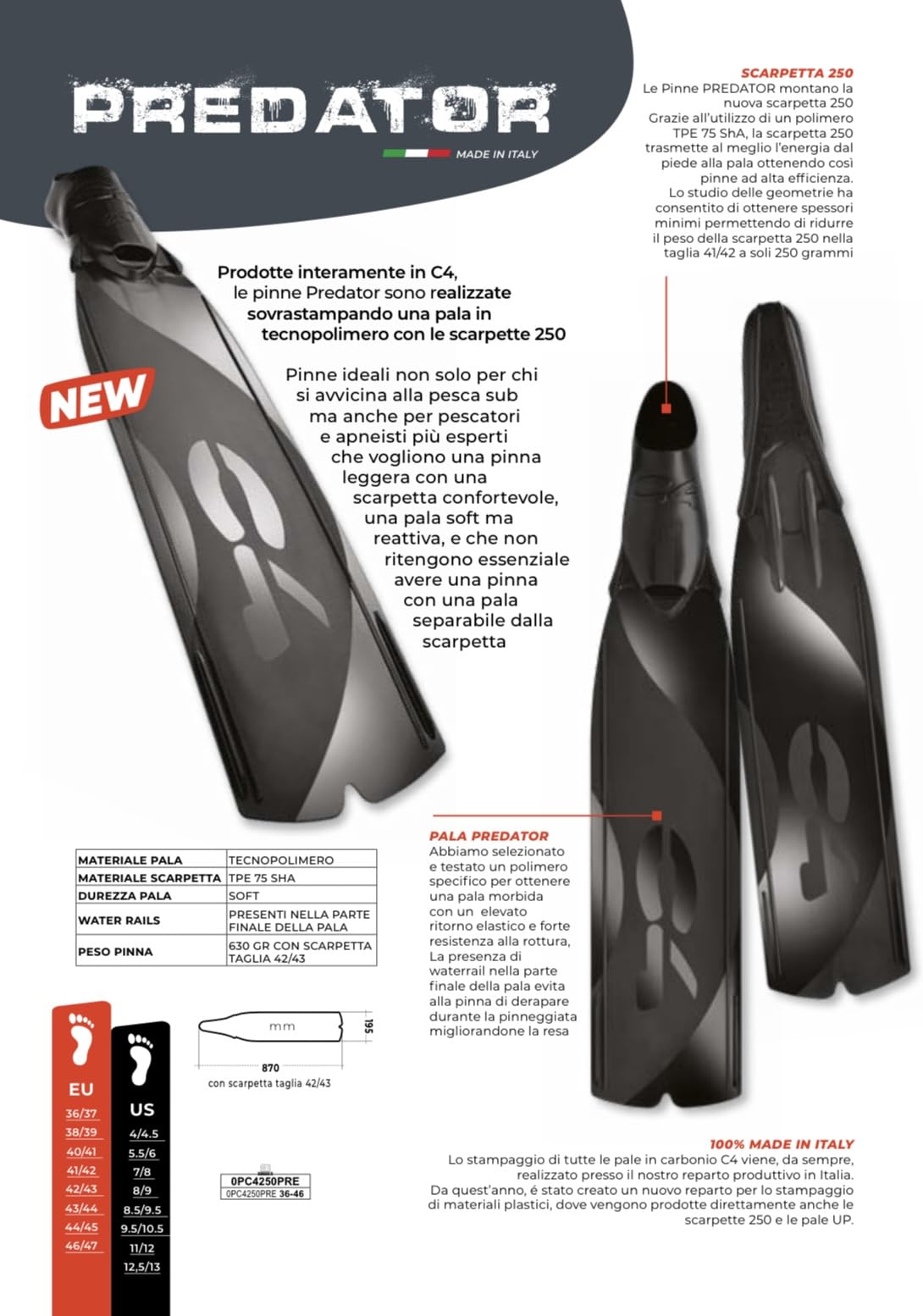 C4 Pinne PREDATOR in tecnopolimero per Immersioni Apnea Pesca sub con nuova scarpetta 250