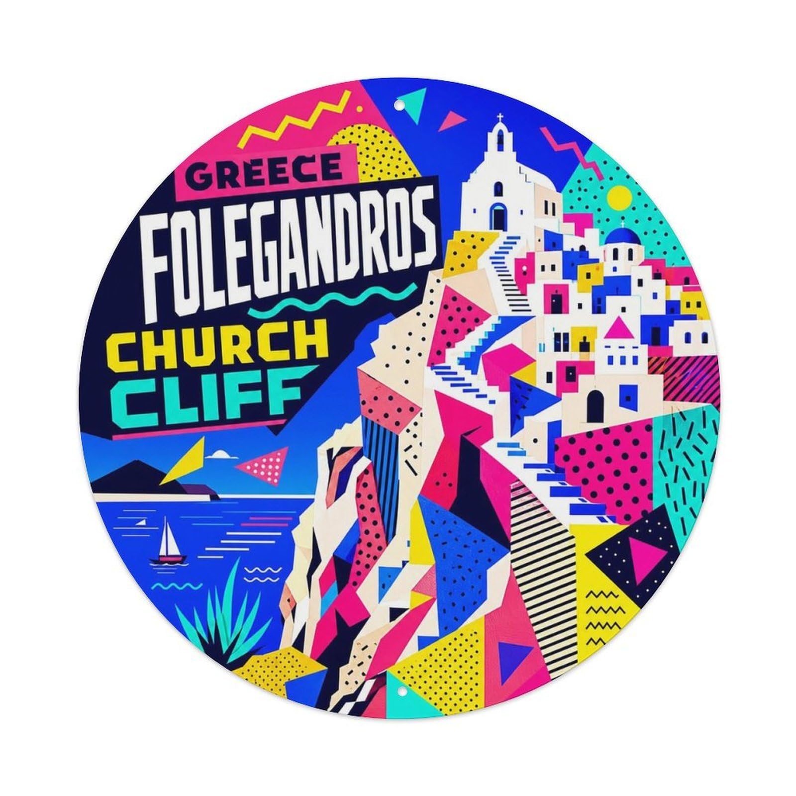 Folegandros Church Greek Memphis Style Coastal Travel Metal Tin Sign