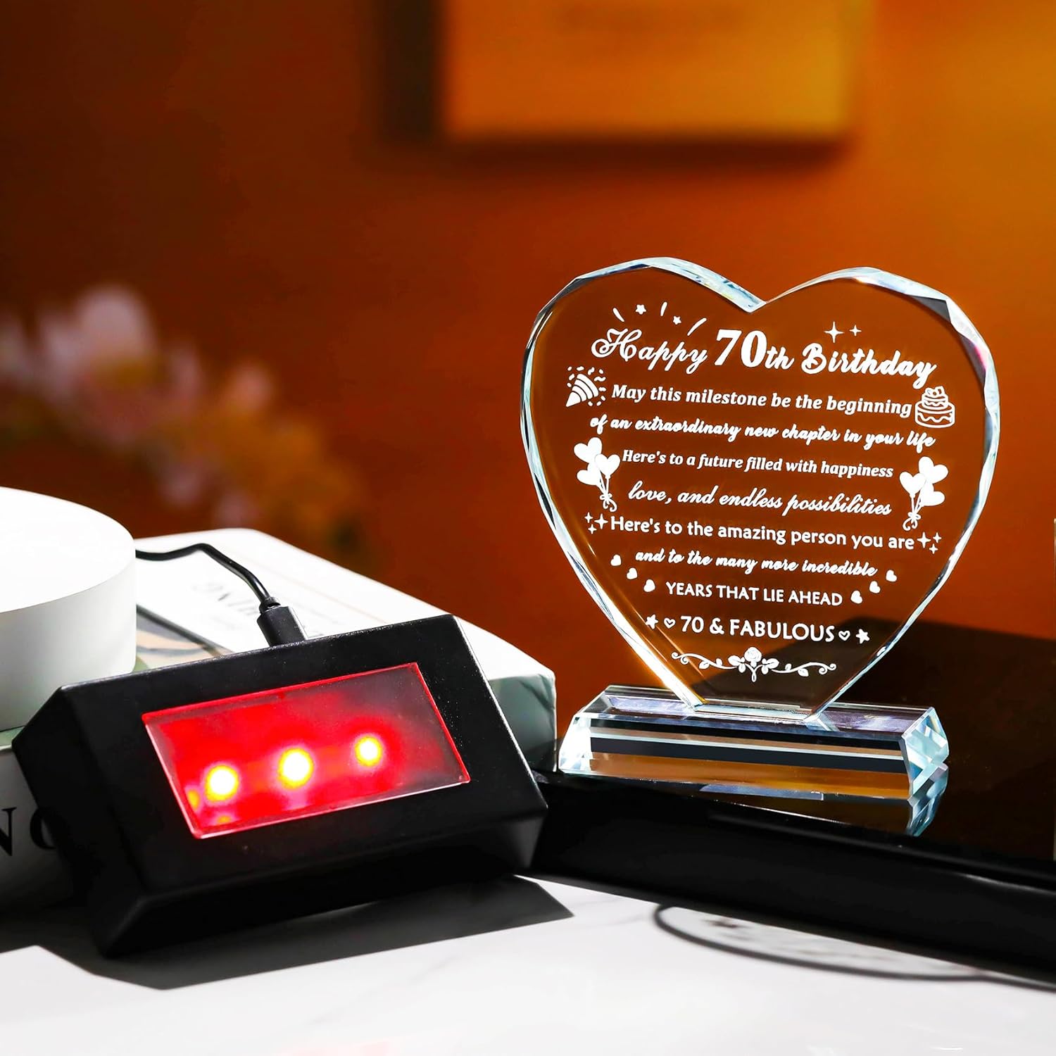 YWHL 70th Birthday Gifts for Women Men with Colorful Light Base, Laser Engraved Crystal Heart Happy 70th Birthday Decoration Plaque, Gifts Ideas for 70 Year Old Women Men Mom Dad Grandma Wife Friends - Image 4