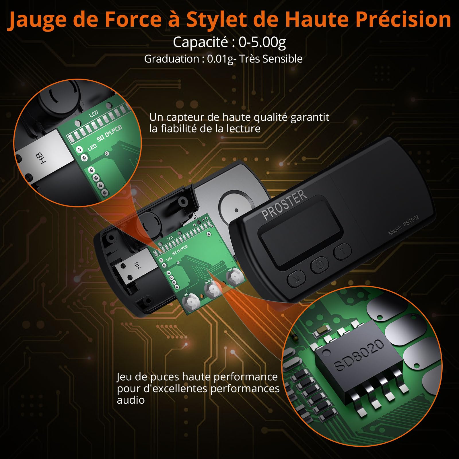 Proster Balance Numérique de Cellule Platine Vinyle – Jauge de Force du Bras de Lecture 0.01g Haute Précision avec Écran LCD Rétroéclairé – Accessoire Audiophile Portable