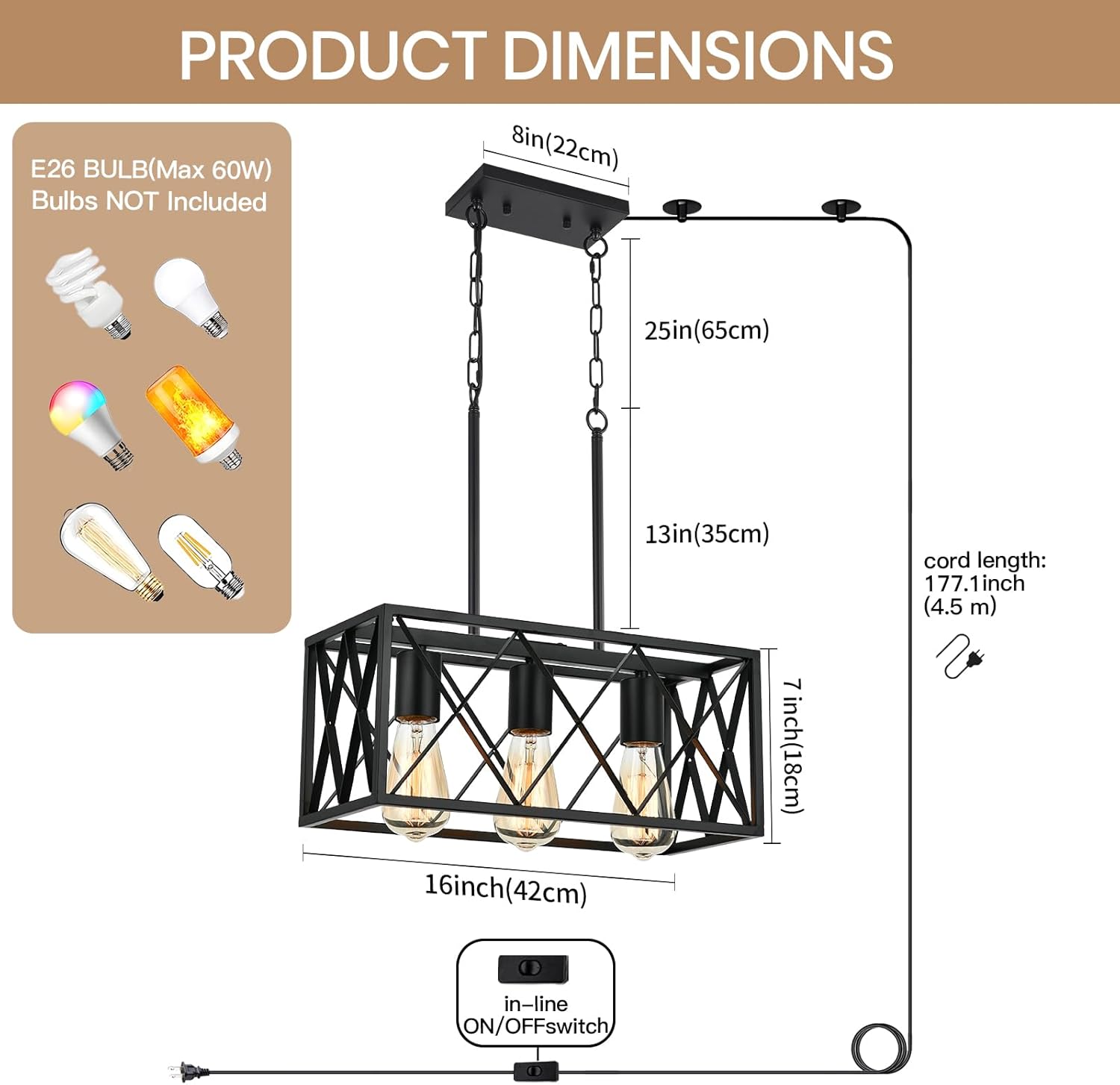 Black Plug in Pendant Light，3-Light Dining Room Light Fixture Over Table,Plug in Ceiling Light for Kitchen Sink，Industrial Metal Kitchen Pendant Lighting Over Island.
