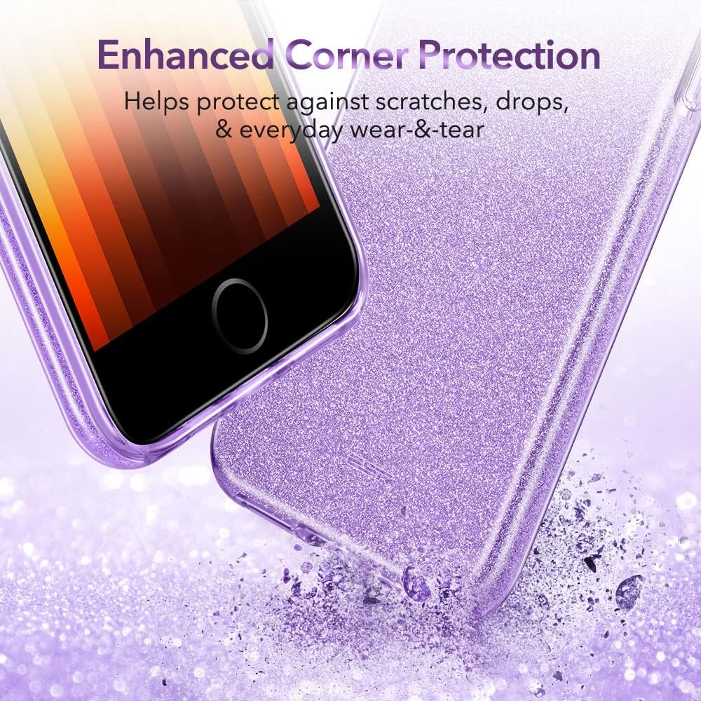 ESR Glitter Case Compatible with iPhone SE 2022, iPhone SE 2020, iPhone 8, iPhone 7, Dazzling Glittery Sparkle Case for Women, Slim Fit, Shock Absorbing Protection, Sparkly Purple