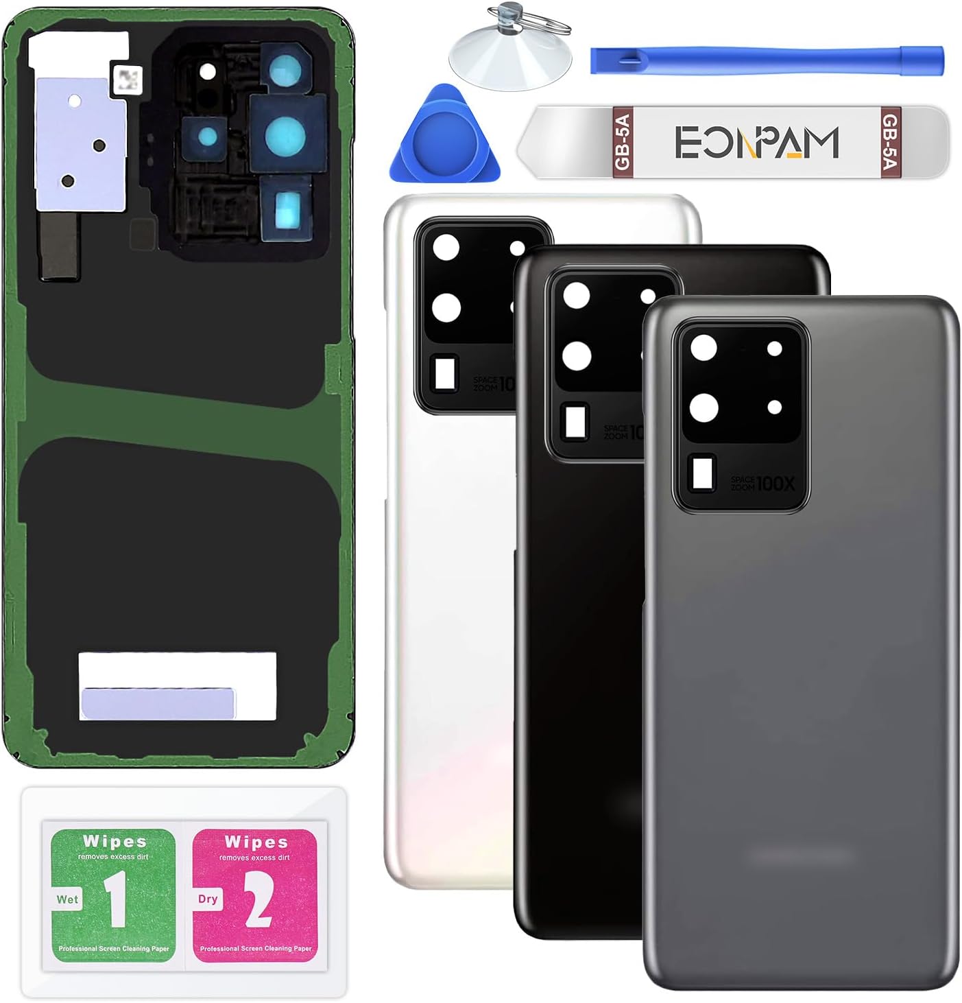 Back Glass Replacement for Samsung Galaxy S20 Ultra SM-G988 Back Cover Rear Housing with Camera Lens + Repair Tool Kit Genuine Rear Glass (Black)