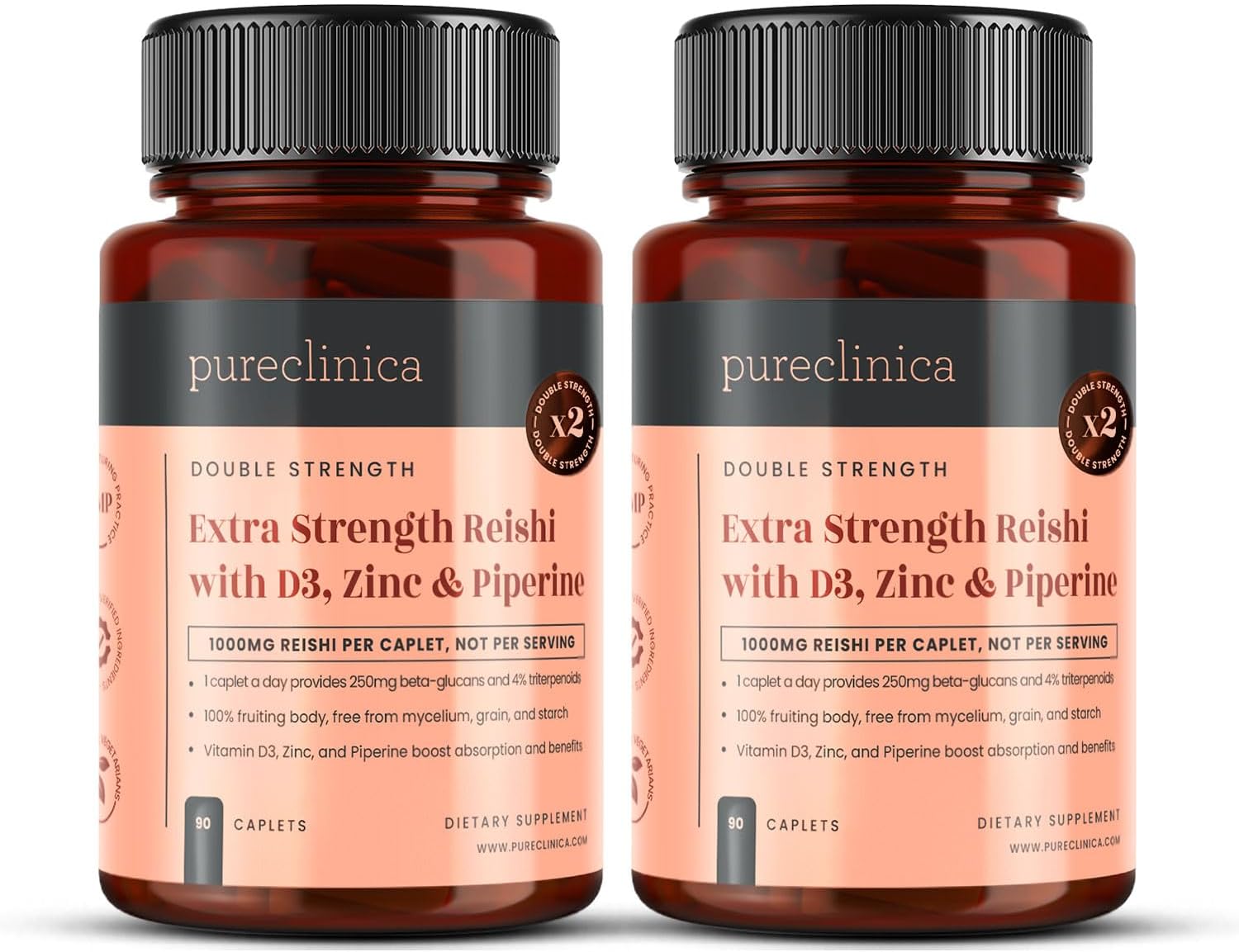 Double Strength Reishi Mushroom 5000mg x 180 Caplets (2 Bottles of 90) - 6-Month Supply –– with Vitamin D3, Zinc & Piperine for Enhanced Absorption – 100% Fruiting Body, No Mycelium or Fillers