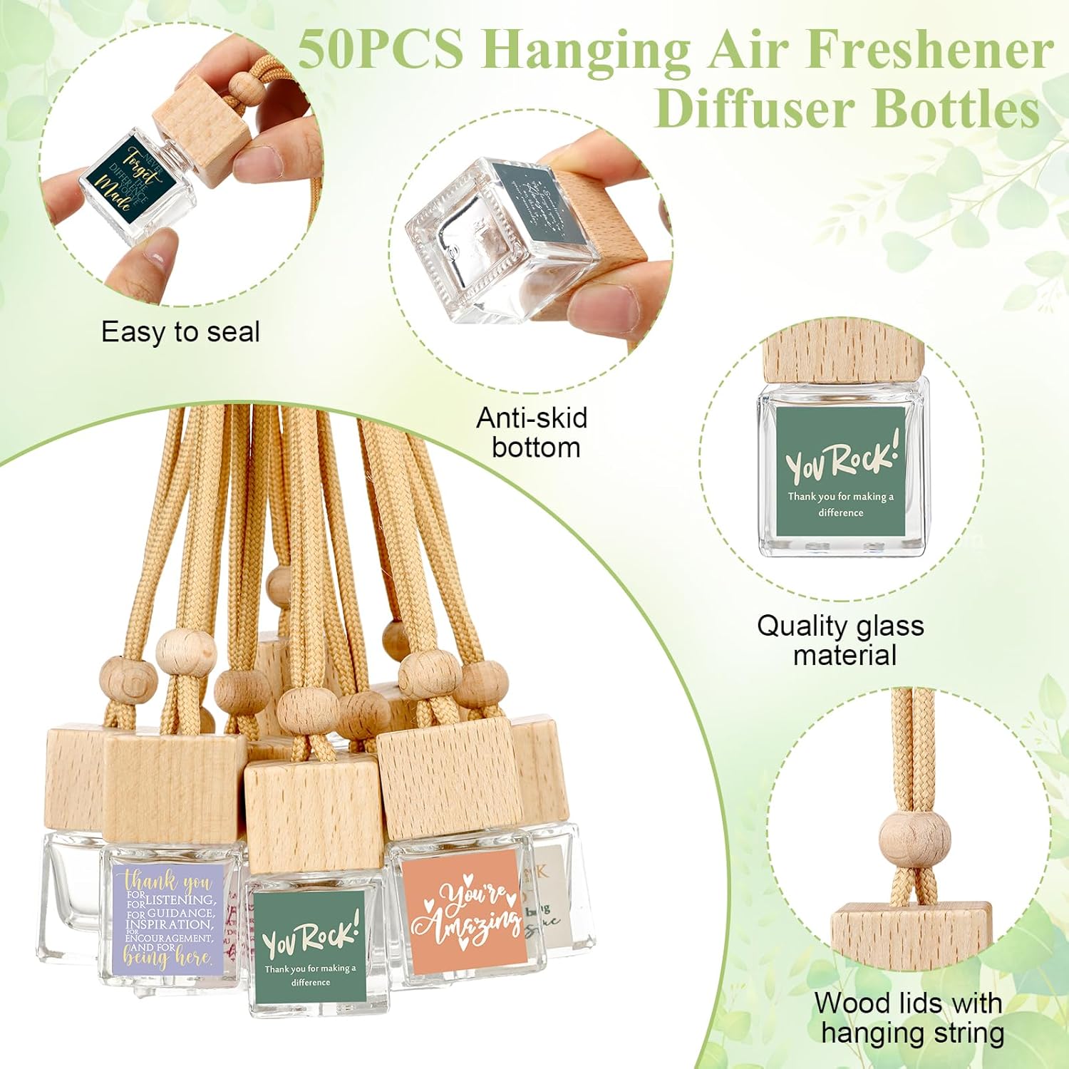 Havawish 50 Pcs Appreciation Gift Bulk for Employee Staff Empty Glass Essential Oil Diffuser Car Air Freshener Diffuser for Teachers Hanging Ornament Inspirational Team Thank You Gift