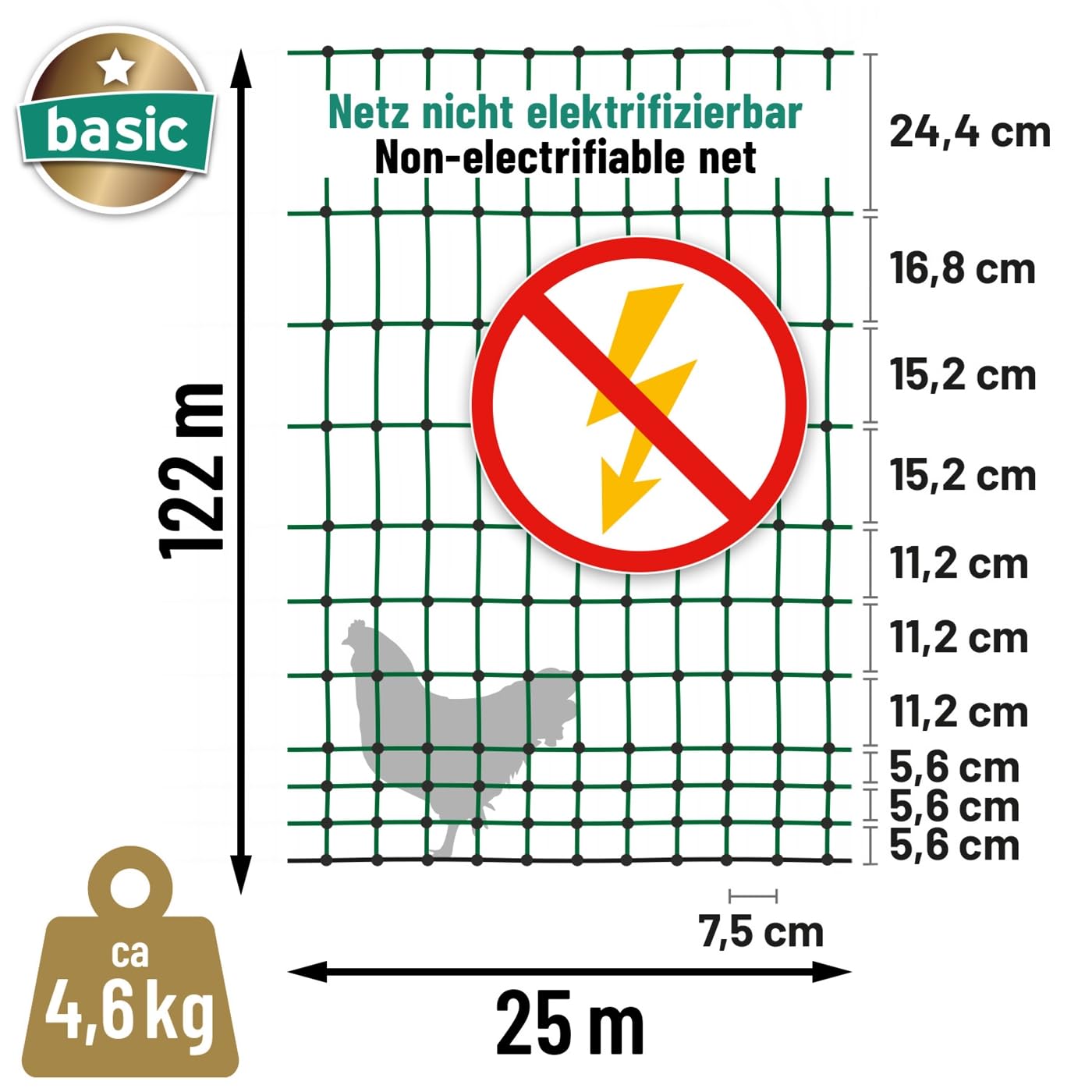 VOSS.farming Geflügelnetz 25m 122cm hoch Basic Hühnerzaun Nicht elektrifizierbar, 7 stabile Pfähle mit Doppelspitze, grüner Geflügelzaun, Flexibler Zaun, mobiler Begrenzungszaun für Hühner, Haustiere