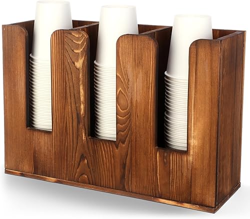 Soaoo Dispensador de taza de café y tapa, organizador de estación de café de madera para encimera, 3 compartimentos, organizador de vasos de papel