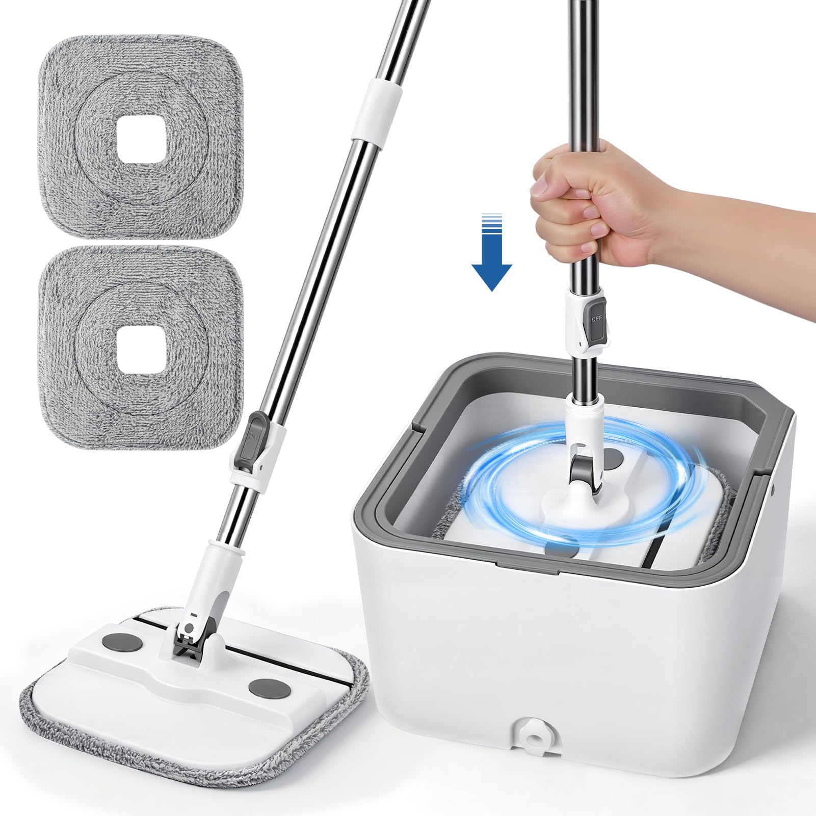 papasbox Wischmopp Set mit Eimer 2 Kammern Bodenwischer Wischer Boden | Auswringfunktion mit 2 Mikrofaser Pads Wischmop für Nass- & Trockenmopps für den Haushalt