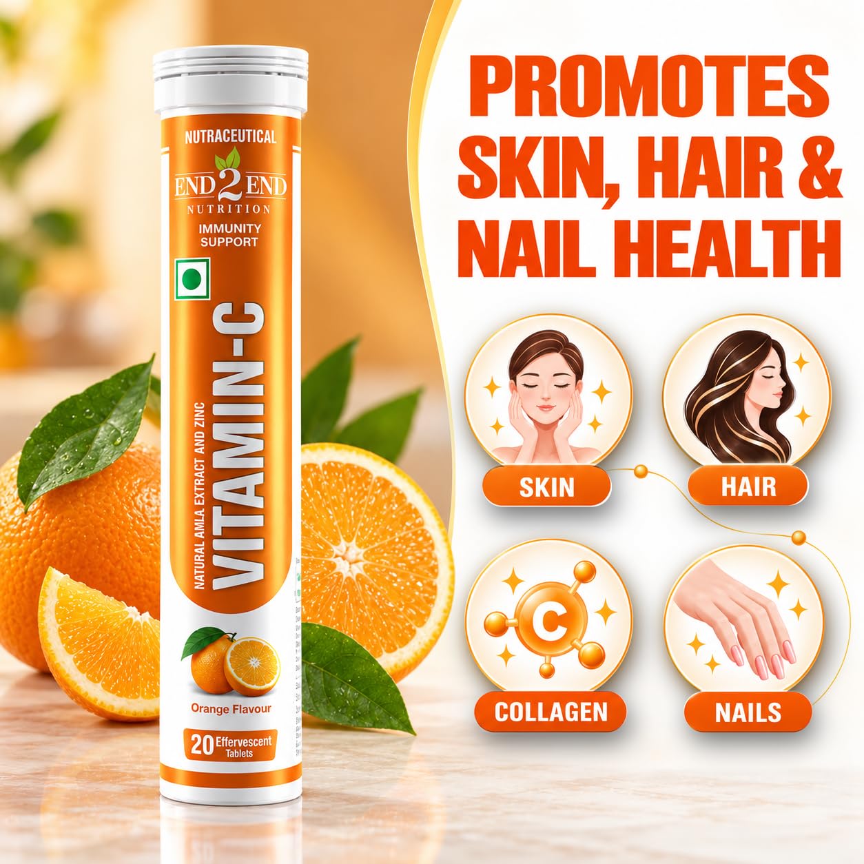End2End Nutrition Natural Vitamin C - Amla Extract + Zinc for Immunity | Helps to Boost Collagen for Healthy Skin, Hair & Nails | Orange Flavour - 120 Effervescent Tablets — Amazon image 6