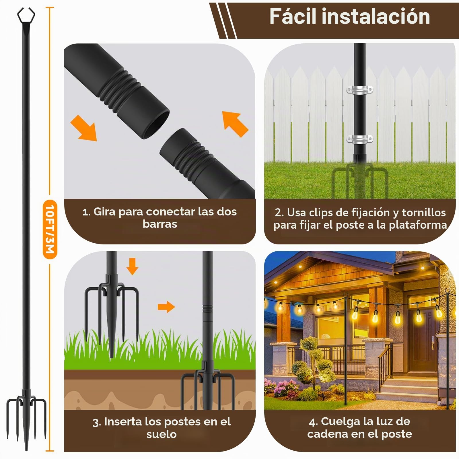 2 Piezas Postes de Luces de Cadena, Postes Metálicos de 3m para Luces de Cadena de Exterior, Soporte de Iluminación Resistente para Exteriores, Patios, Jardines, Fiestas y Decoración Navideña