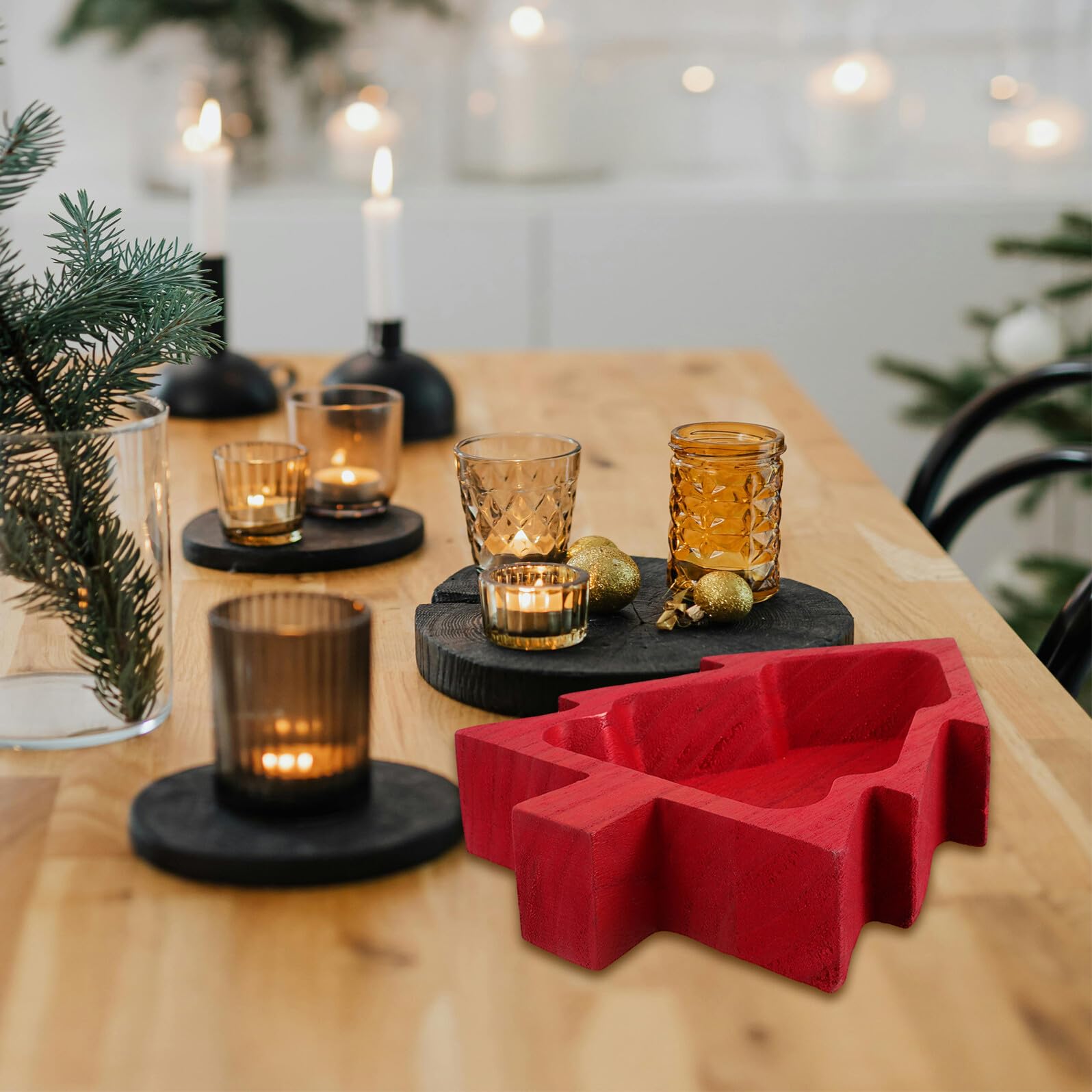 Mobestech Bandeja de Madera Forma de Árbol de Navidad Plato para Aperitivos y Frutas Color Rojo Adecuado para Fiestas Navideñas y Uso Doméstico Bandeja para Postres y Snacks