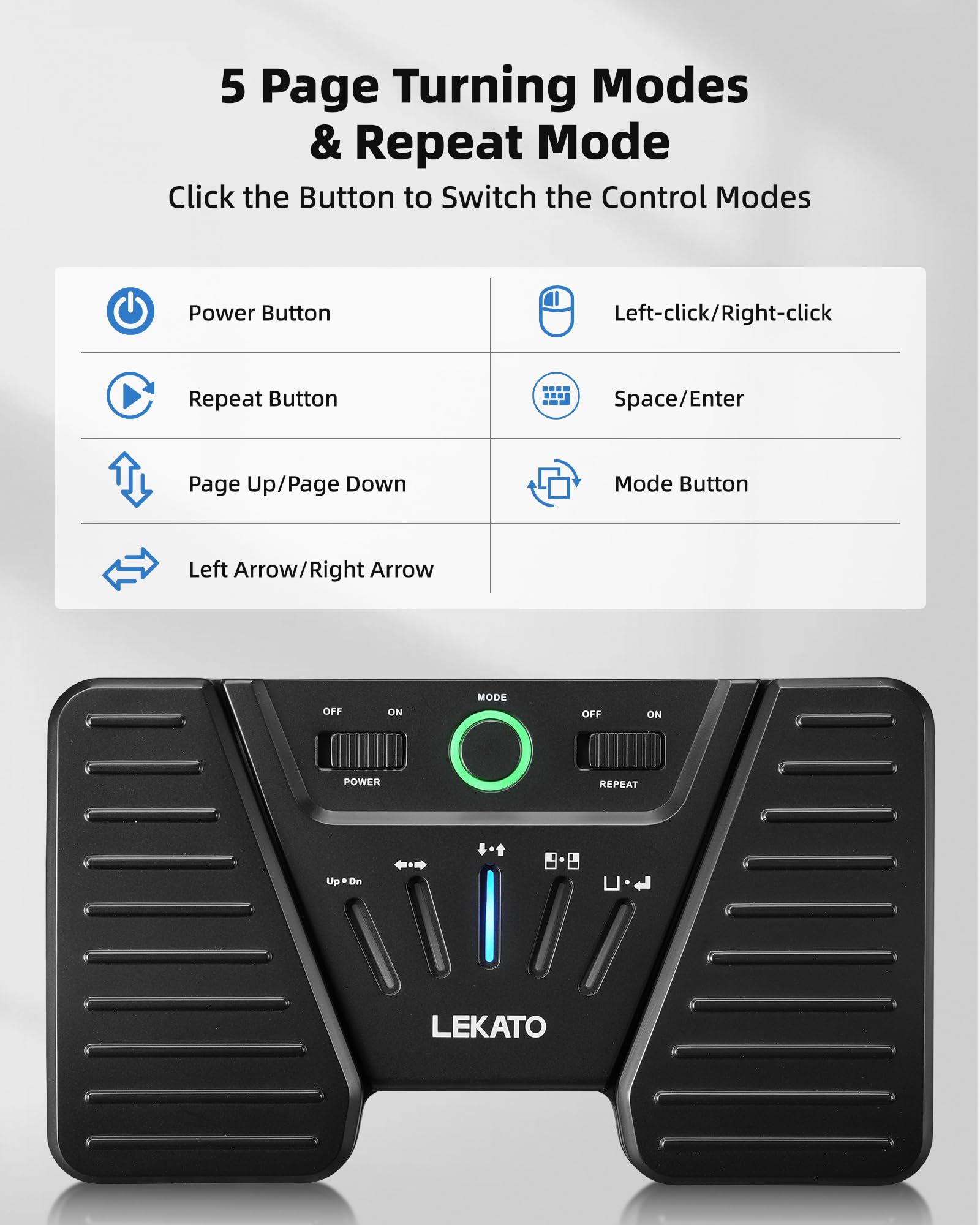 LEKATO Bluetooth Page Turning Pédale sans fil, tourne-page Bluetooth, contrôleur d'application rechargeable pour téléphone, tablettes, portable, 5 modes, pédale pour jouer des instruments ou inviter