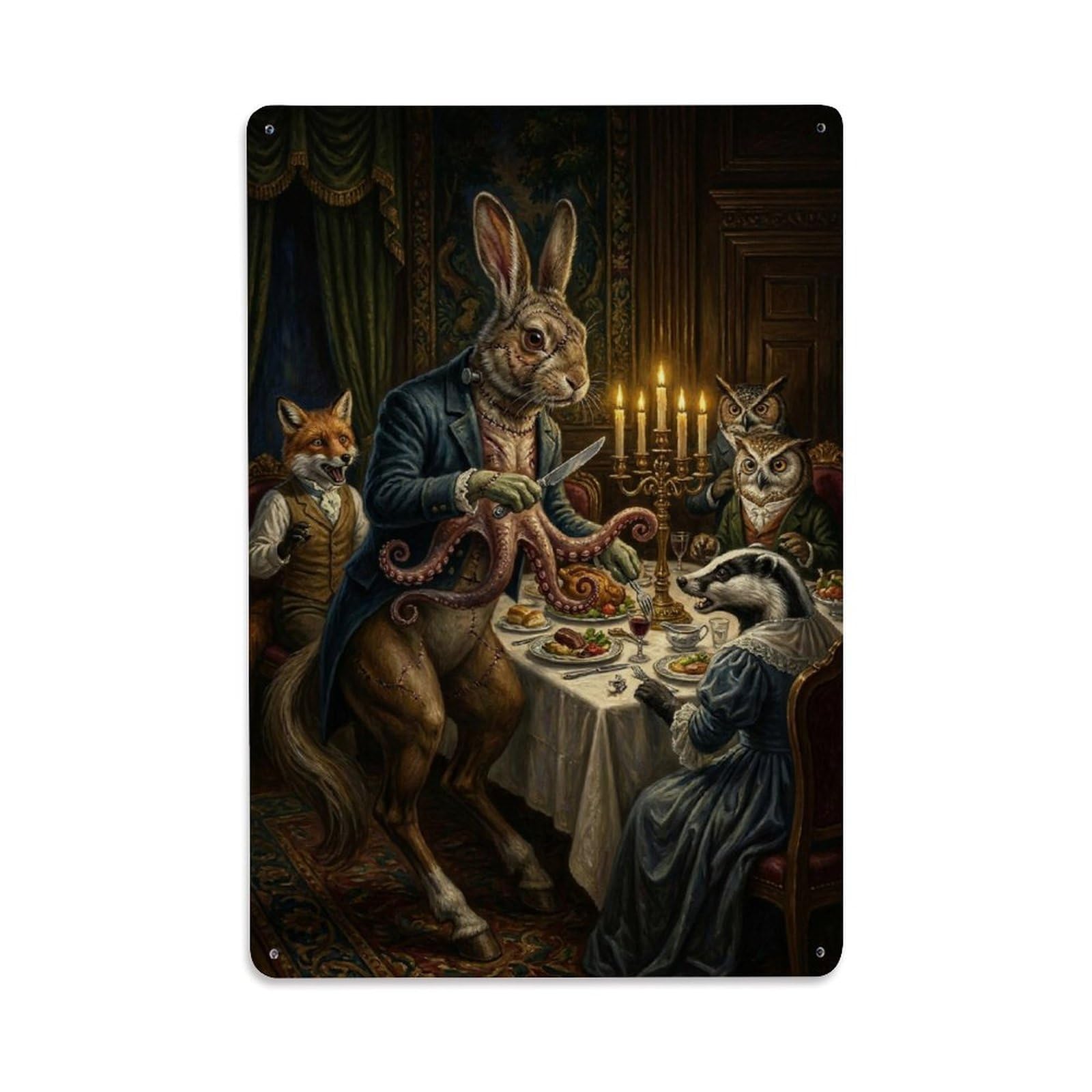 Surreal Vintage Wildlife Nature Rabbit Octopus Banquet Fable Metal Tin Sign Plaque Wall Decor for Cafe, Man Cave, Club Bar, Office, Home Garden Round Metal Poster 8x12Inch