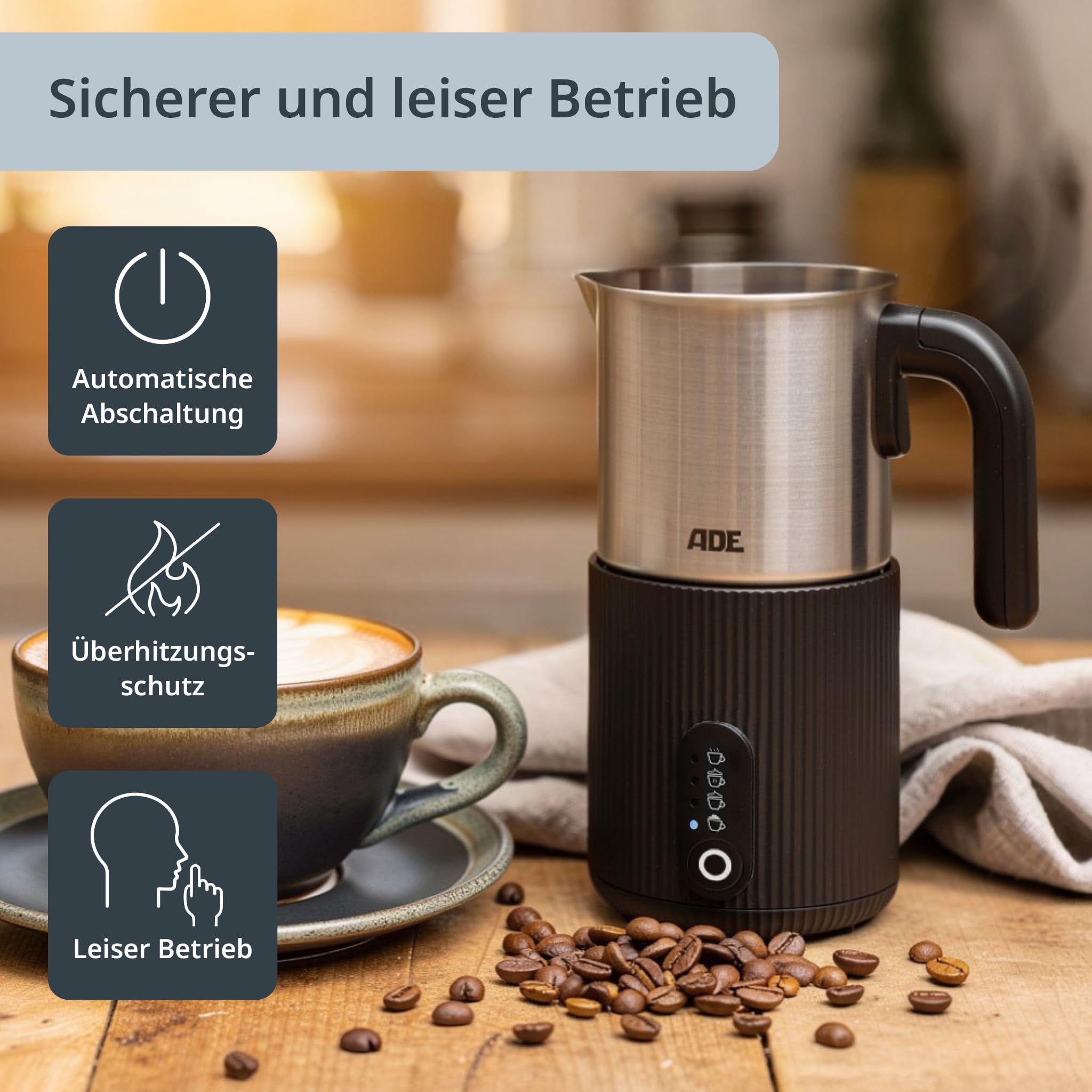 ADE Elektrischer Milchschäumer 4in1 | für heißen & kalten Milchschaum | Milchwärmer | für 1-2 Tassen | für Cappuccino, Latte Macchiato, Eiskaffee, Kakao | 300 ml | 500 W