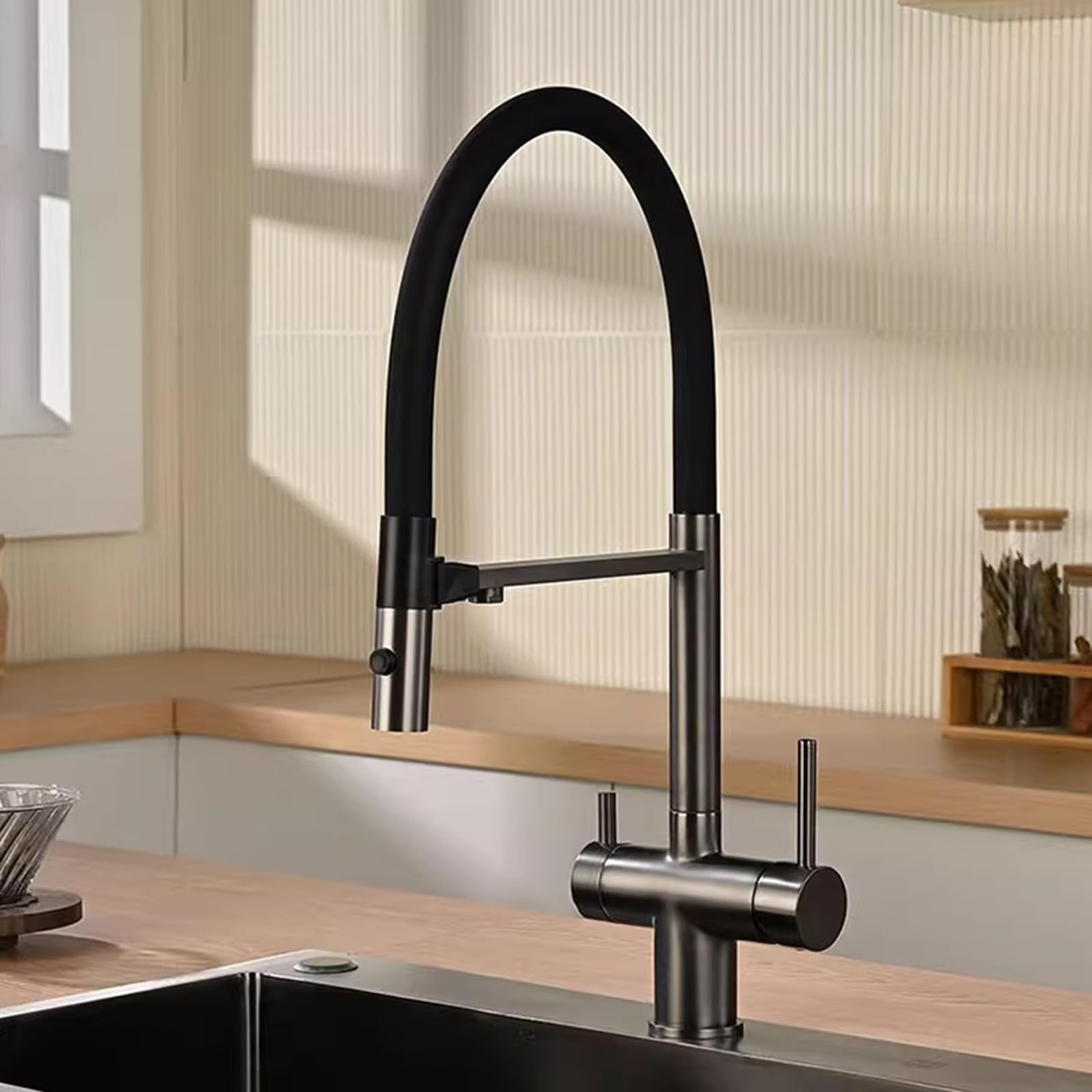 ZYCHSJXA Kitchen Bath Taps3 Way Tap with Pull Out Spray Rotary 3 in 1 Faucet Brass-Grey