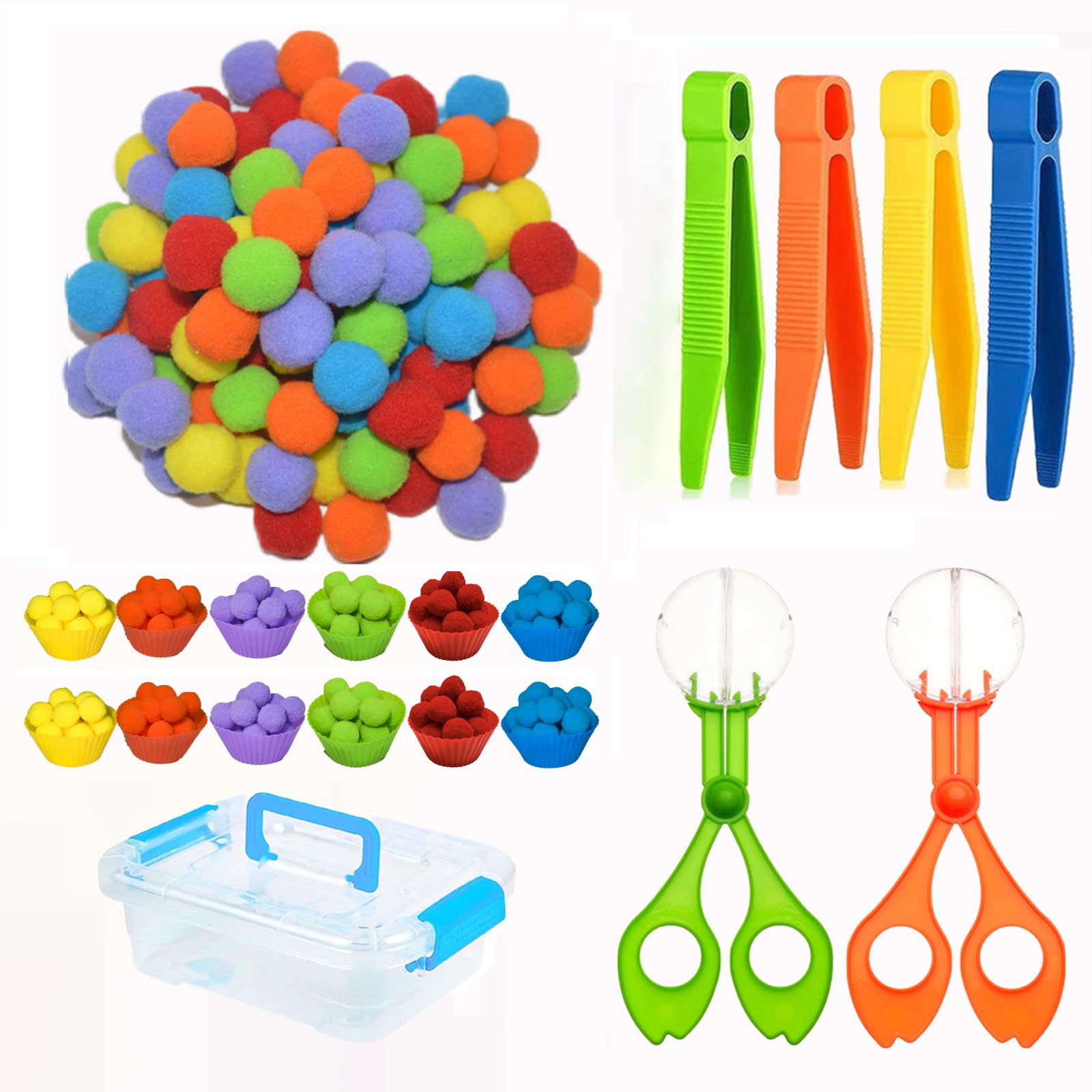 YQMVXW 119Pcs Kid Tweezers fine Motor Skills Set,Helping Hands fine Motor Tool Set,Includes 100 Pcs Pompoms,12 Cups,4 Tweezers,2 Clips,1 Storage Box for Counting Sorting Training