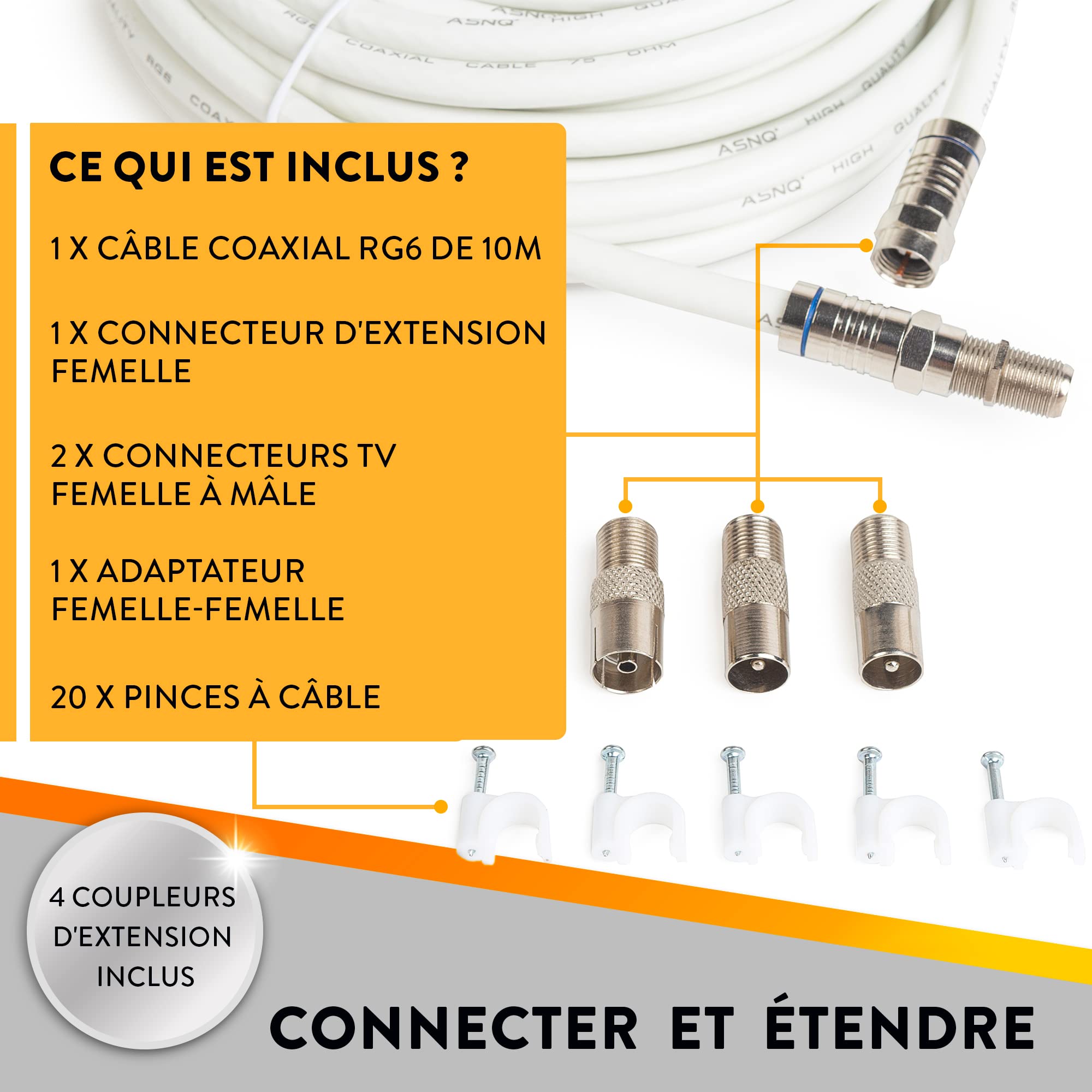 ASNQ Câble Coaxial RG6 Antenne 10m avec Connecteurs 75 OHM - Premium à Haut Débit Pour TV, Internet, Parabole Satellite - Inclut 4 Adaptateurs