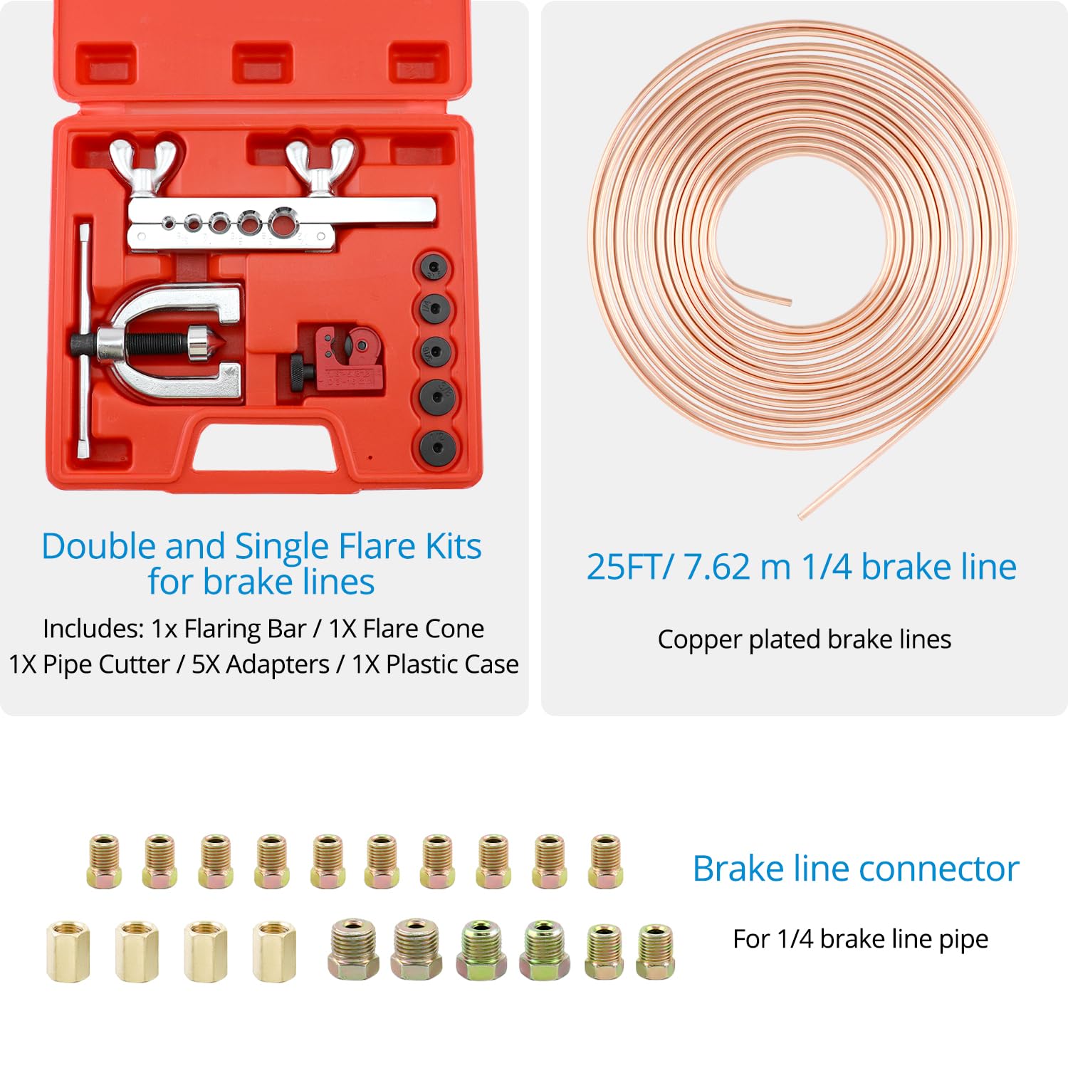 QWORK Kit Svasatura Tubi Freno Rame 7.62m Adattatore Multi-Dimensione Piegatubi Blu