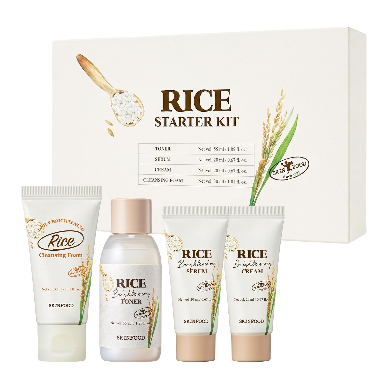 SKINFOOD Rice Starter Kit, Rice Toner, Rice Serum, Rice Moisturizer, and Rice Face Wash for Glass Skin, Korean Skin Care Set, Travel Size Kit, Stocking Stuffers, Gift Set for Women, Skincare Gift Set