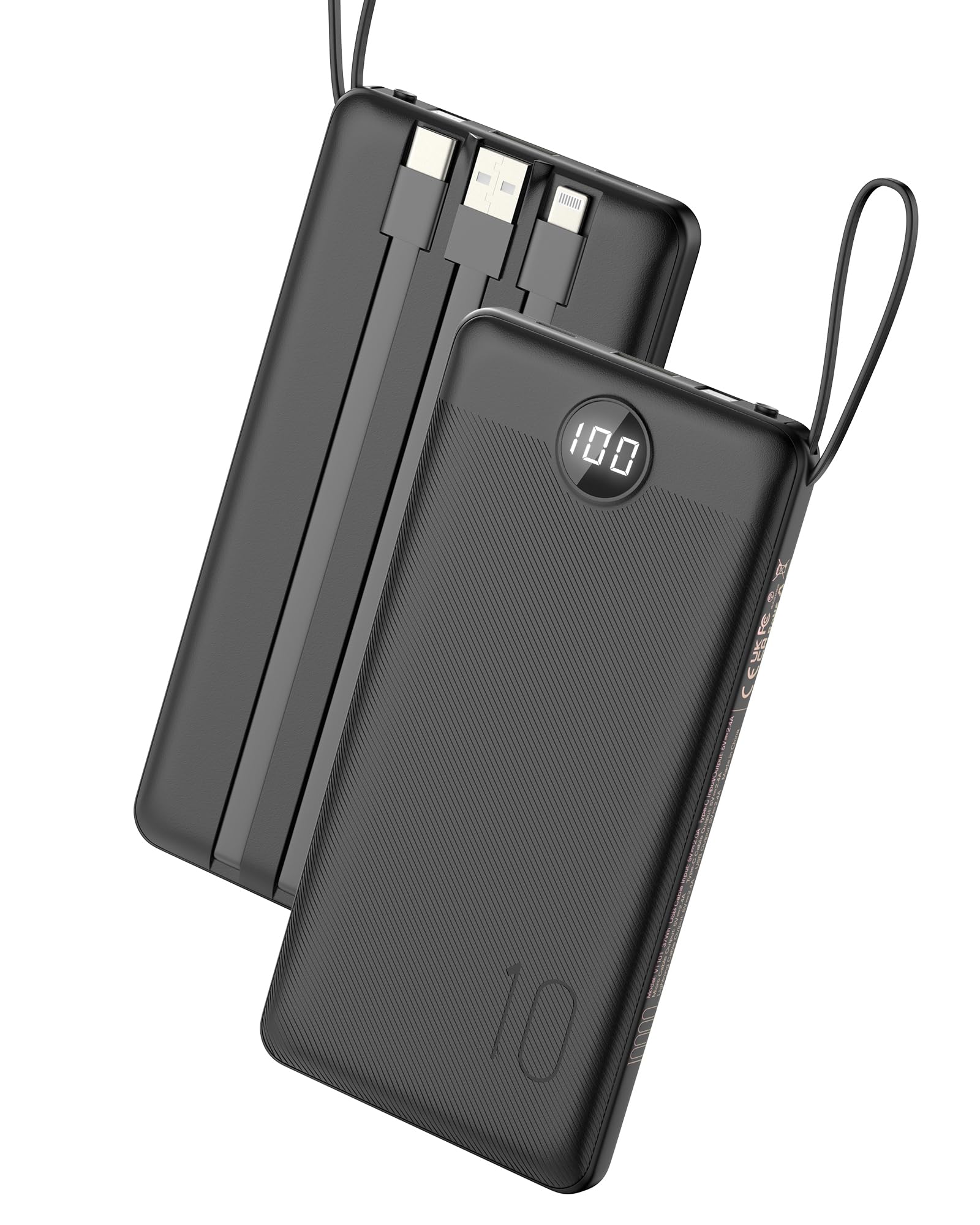 VEEKTOMX Portable Charger Built-in Cables, 10000mAh Power Bank for iPhone, Fast Charge USB C Battery Pack Travel Essentials Powerbank Compatible with