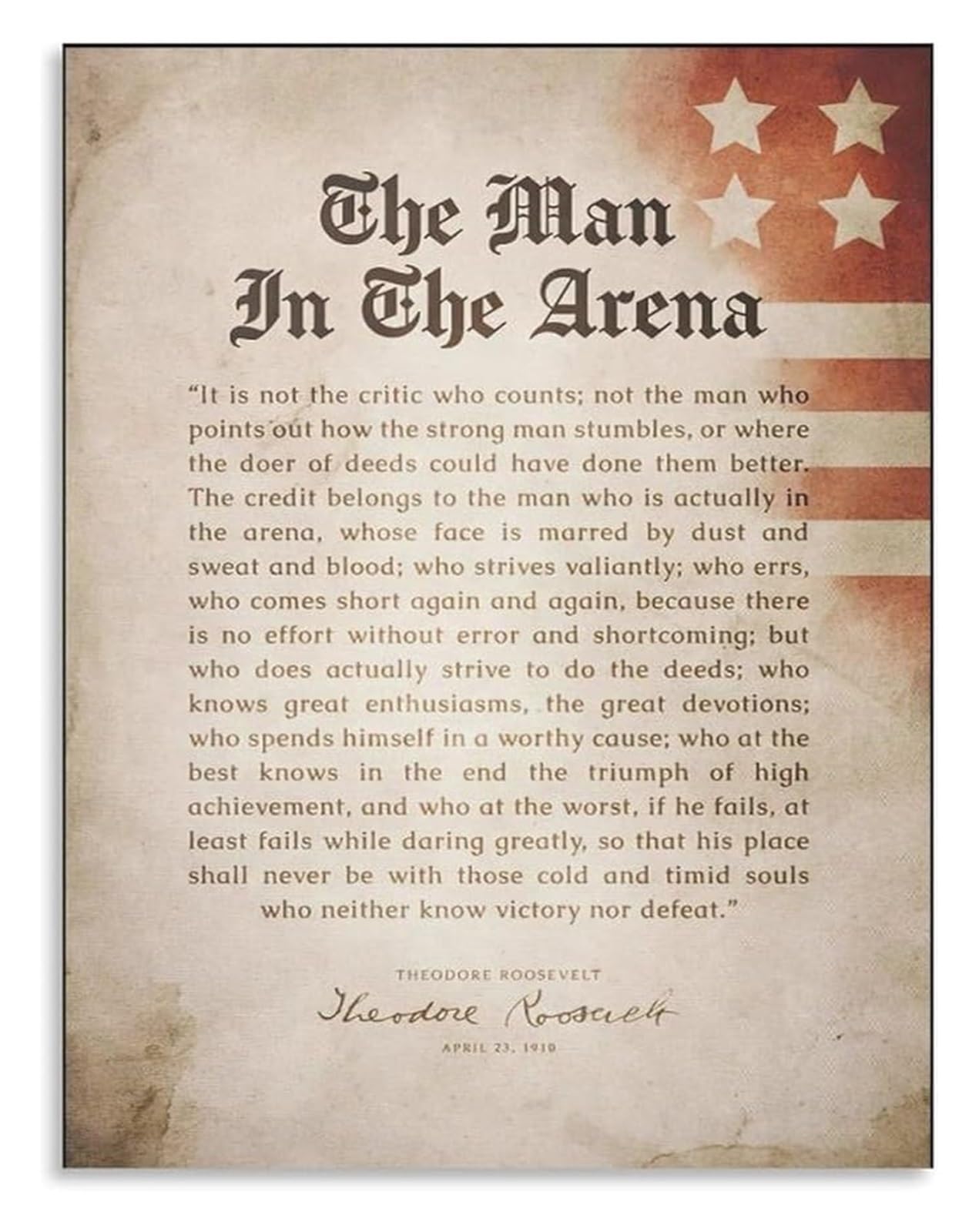 Vintage The Man In The Arena Poster Theodore Roosevelt Motivational Quotes Canvas Wall-Art Print for Home Office Decor Man Cave(Unframed,08x12inch(20x30cm))