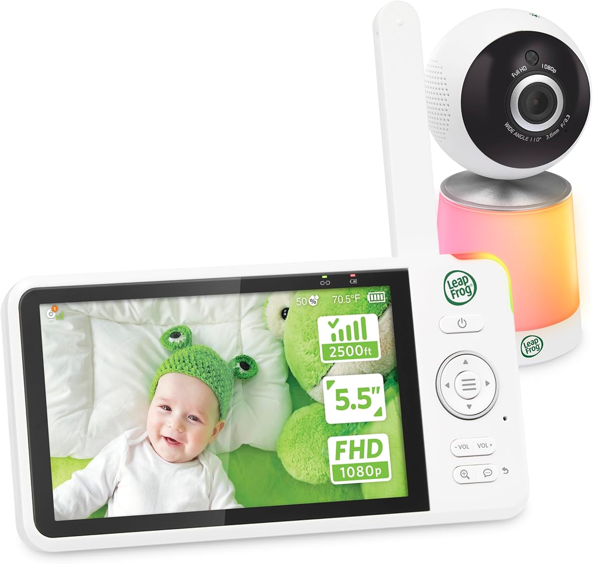 LeapFrog LF1726FHD Monitor para bebés, pantalla de 5,5' 1080p, alcance de hasta 2500 pies, zoom panorámico, luz nocturna, visión nocturna en color, sonidos relajantes, transmisión segura, transmisión segura sin WiFi
