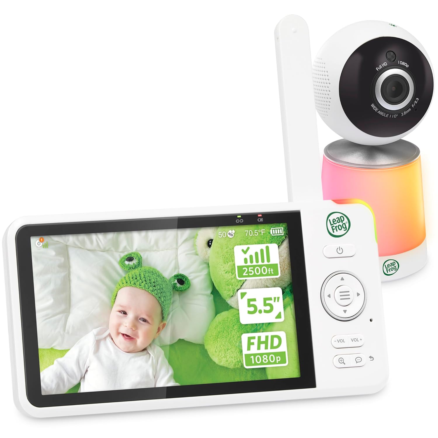 LeapFrog LF1726FHD Baby Monitor, 5.5' 1080p Screen, Up to 2500 ft Range, Pan-Tilt-Zoom, Night Light, Color Night Vision, Soothing Sounds, Secure Transmission, Secure Transmission No WiFi